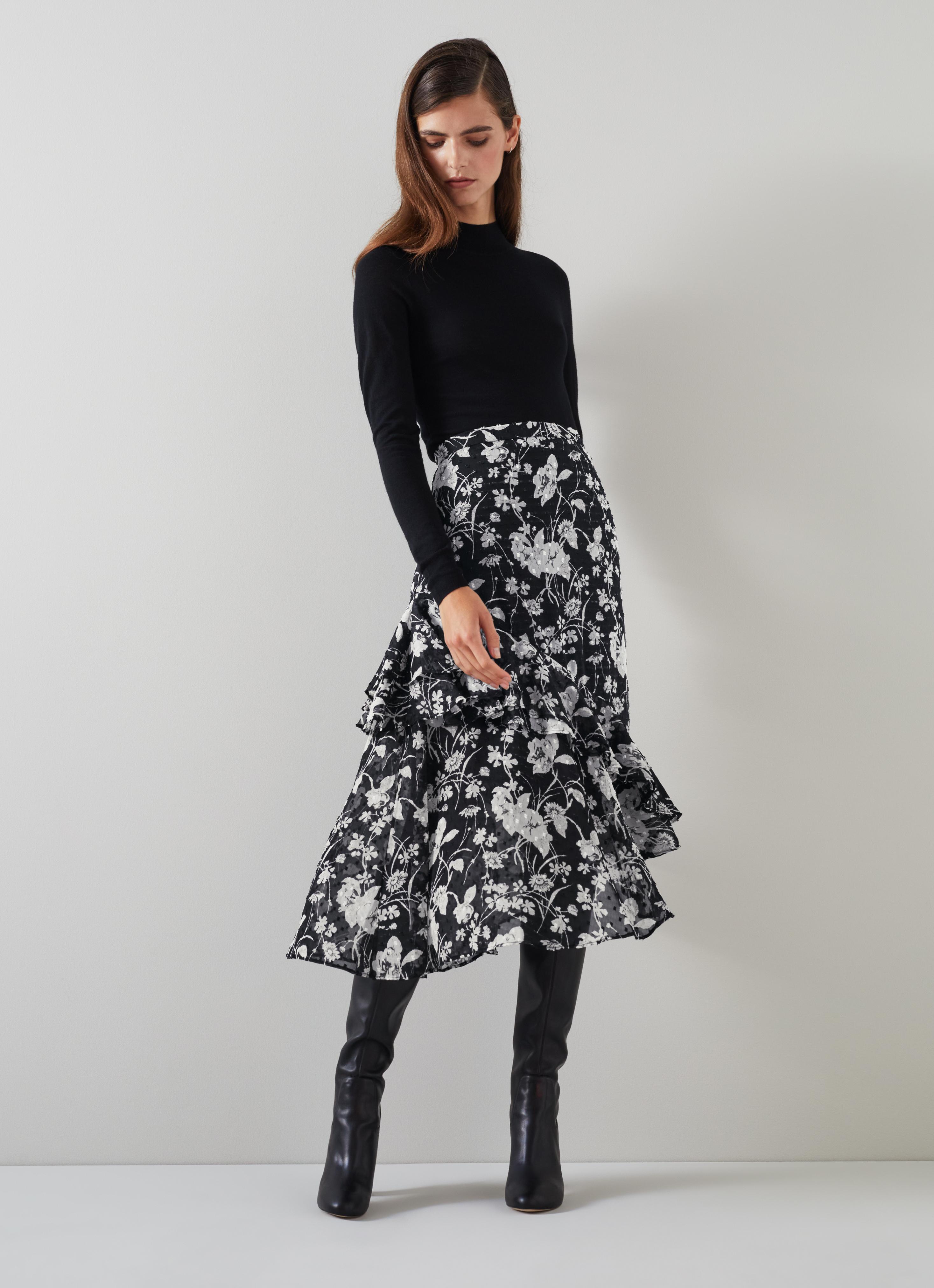 Winona Black & Cream Mono Meadow Frill Detail Aysmetric Skirt