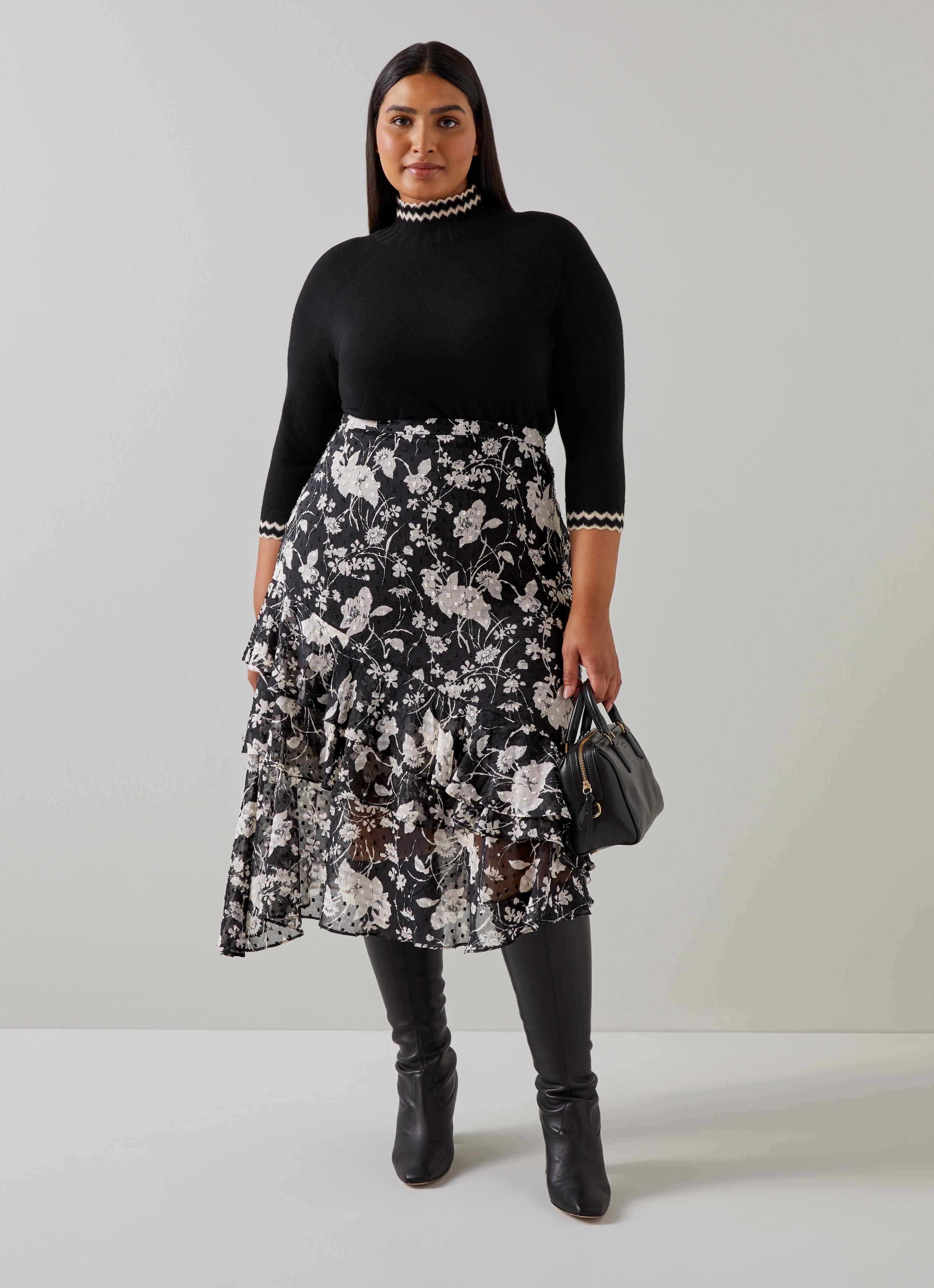 Winona Black & Cream Mono Meadow Frill Detail Aysmetric Skirt