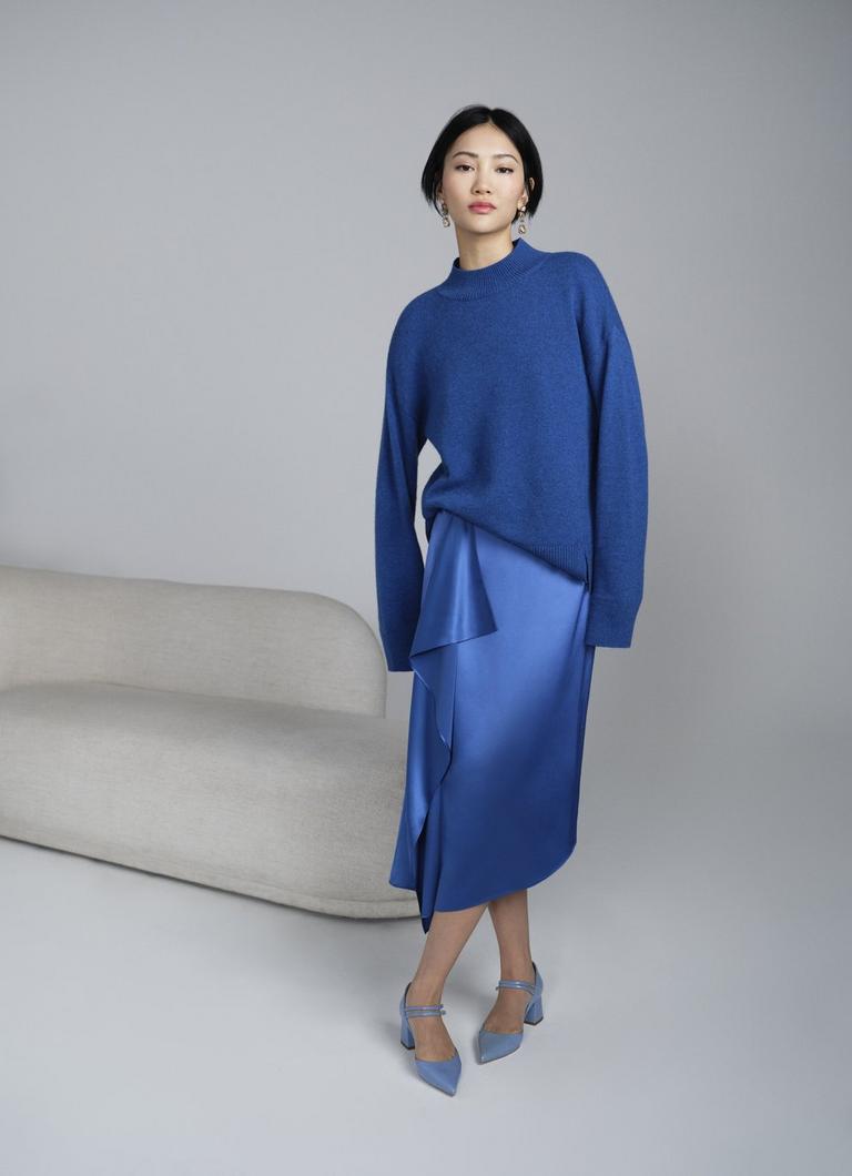 Zoe Blue Satin Waterfall Front Skirt