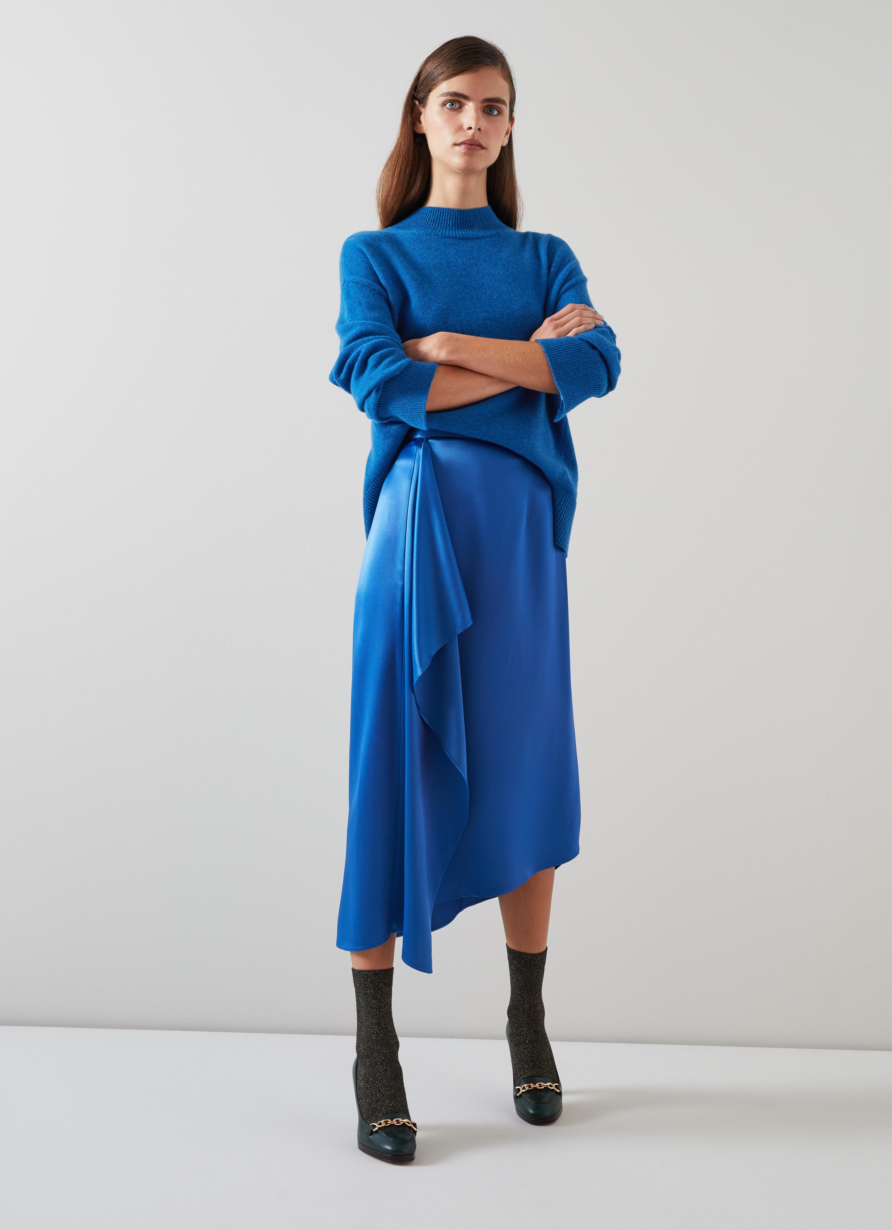 Zoe Blue Satin Waterfall Front Skirt Clothing Sale