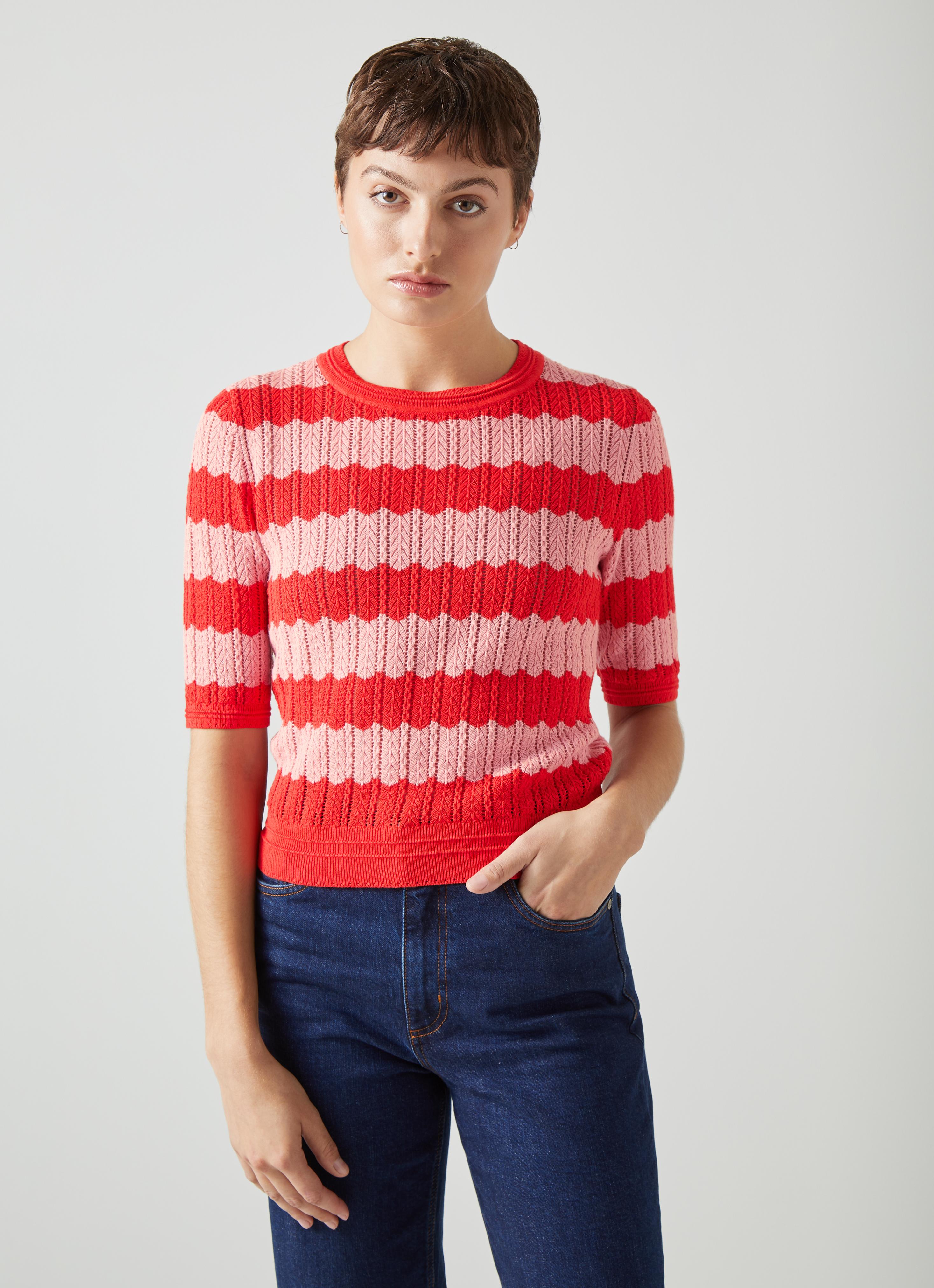 Cinzia Red And Pink Cotton-Rayon Wavy Knitted Top | Clothing
