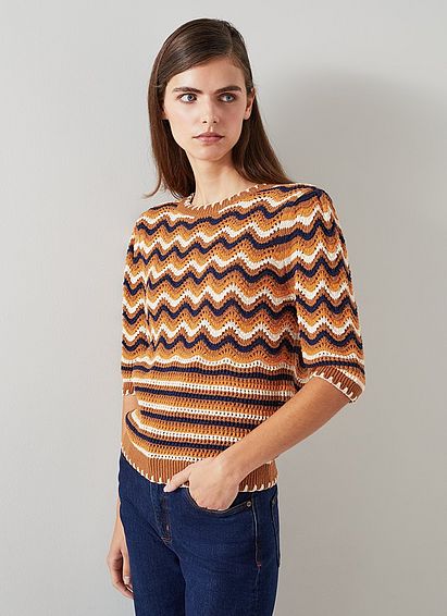 Soni Brown Multi Cotton Wavy Knitted Top, Multi