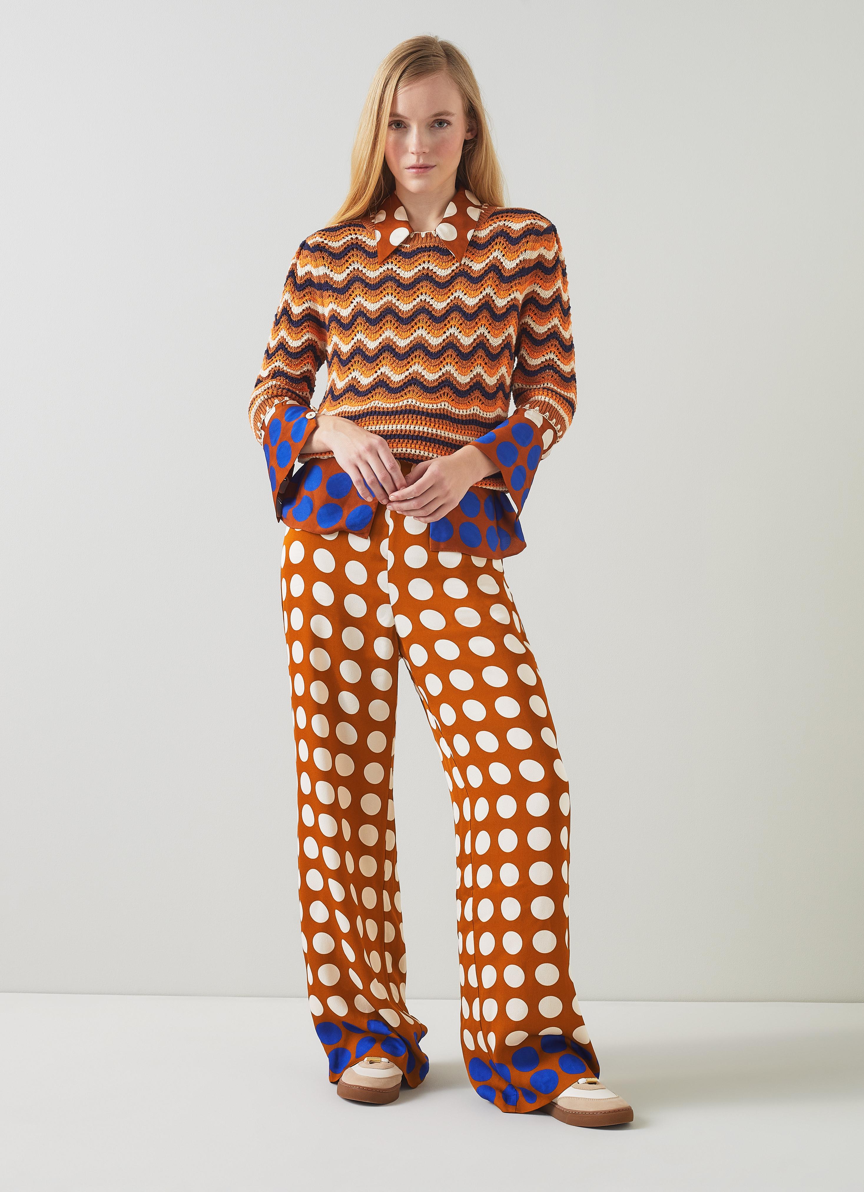 Elise Caramel, Cream And Blue Graphic Spot Trousers