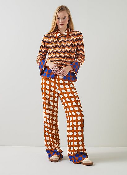 Elise Caramel, Cream And Blue Graphic Spot Trousers Multi, Multi
