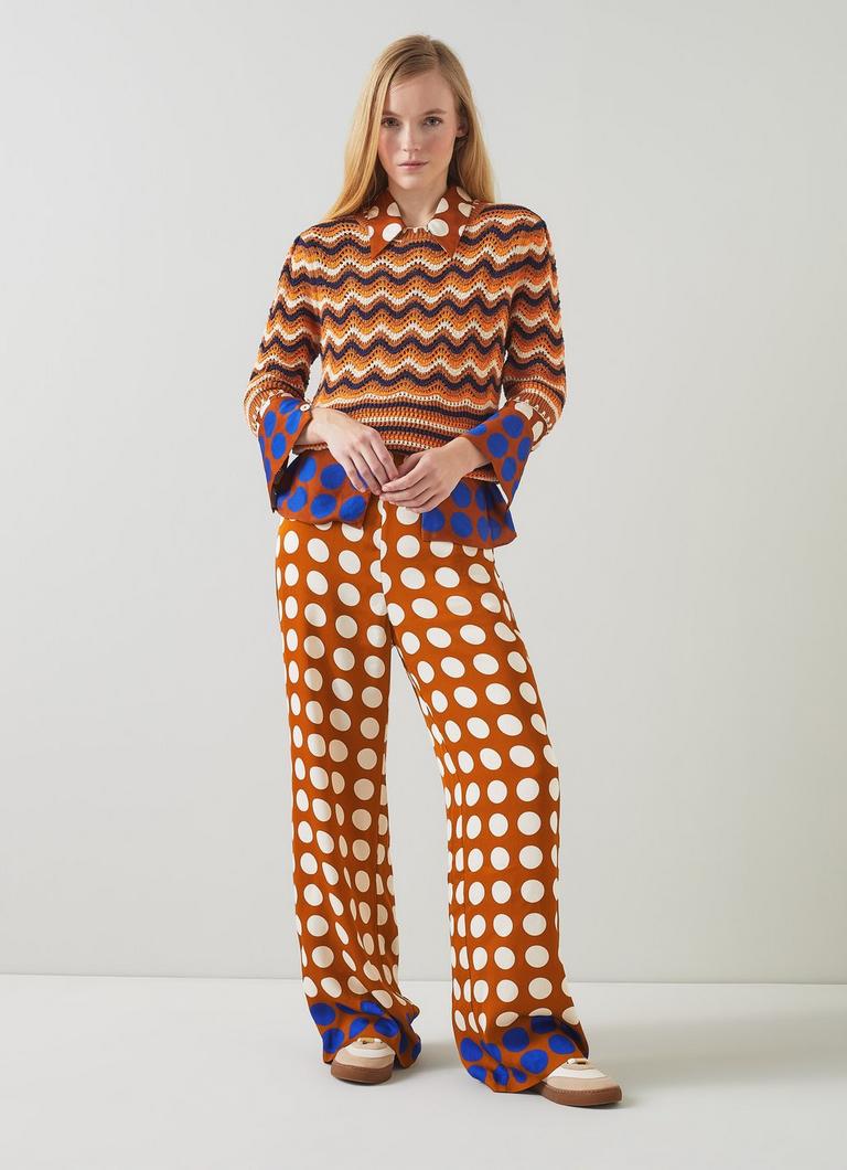 Elise Caramel, Cream And Blue Graphic Spot Trousers