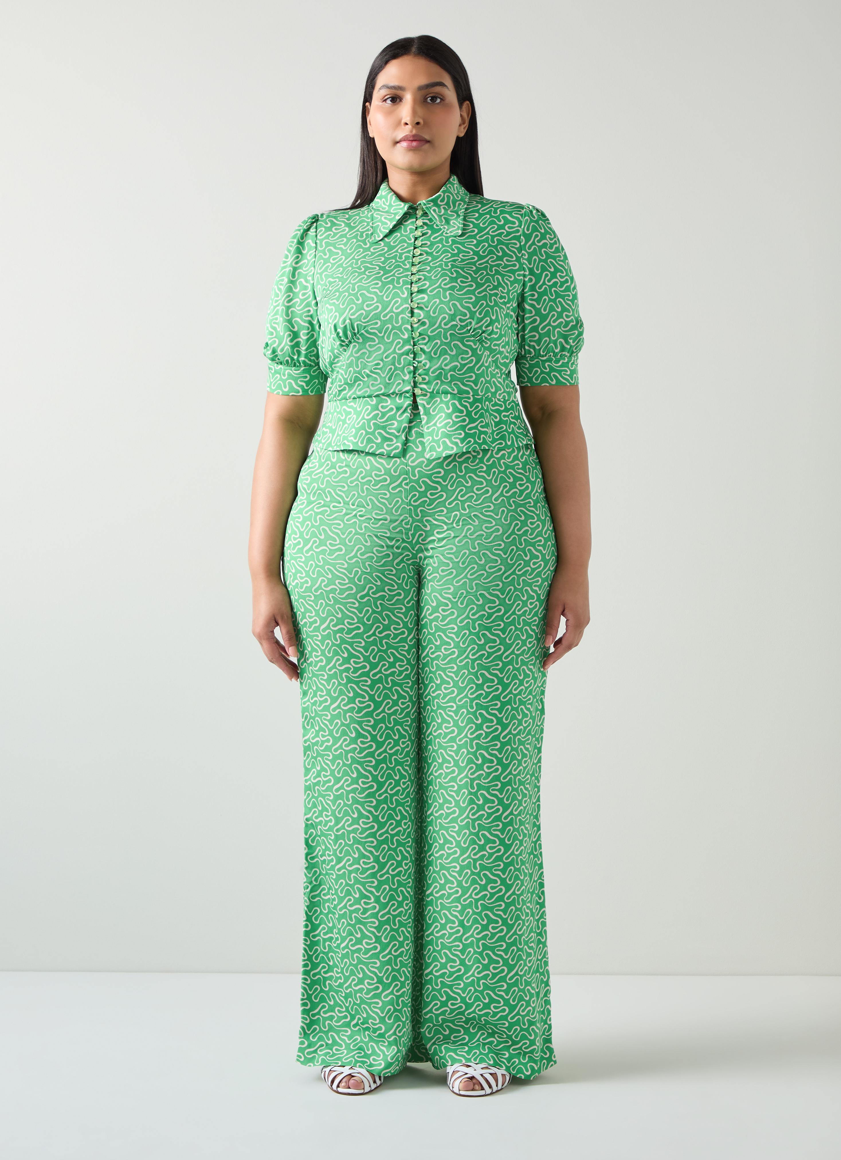 Esme Green And Cream Ribbon Print Trousers | The Archive Sale