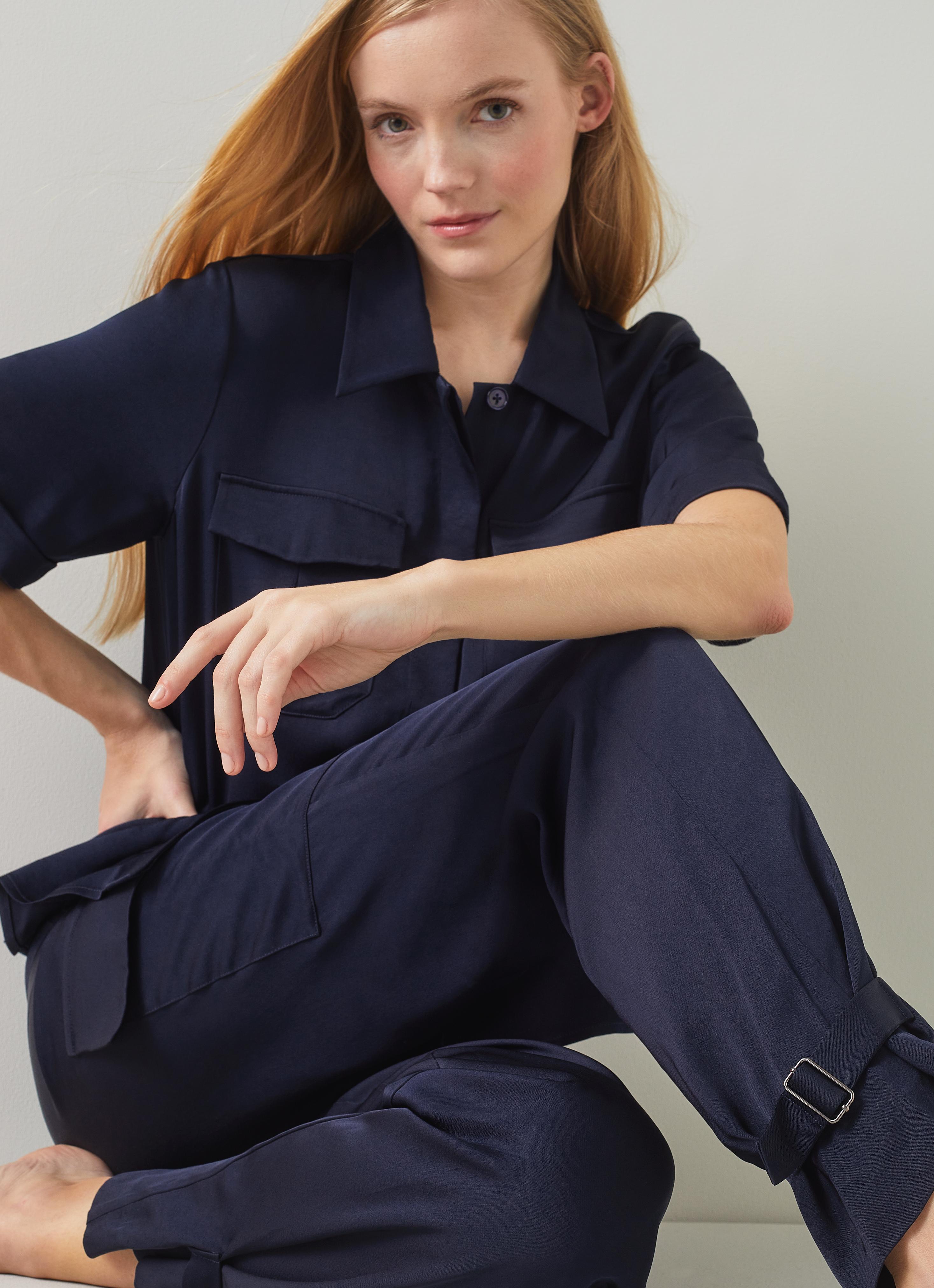 Luna Navy Viscose Utility-Style Trousers