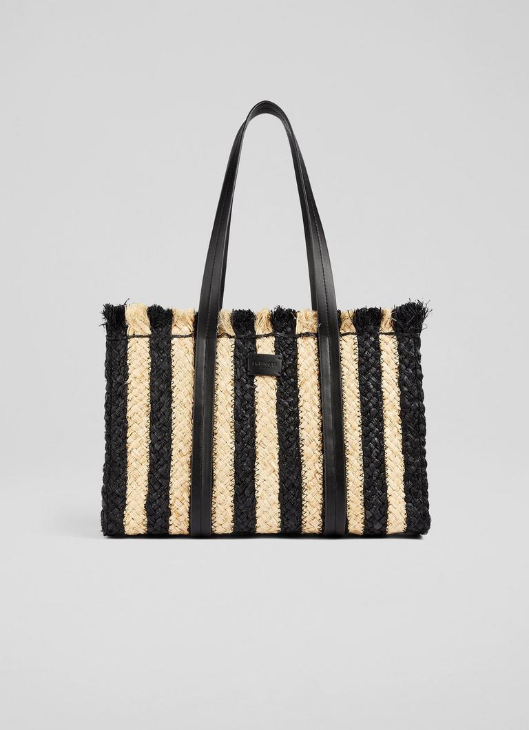 Nala Black And Natural Striped Raffia Tote Bag Handbags New