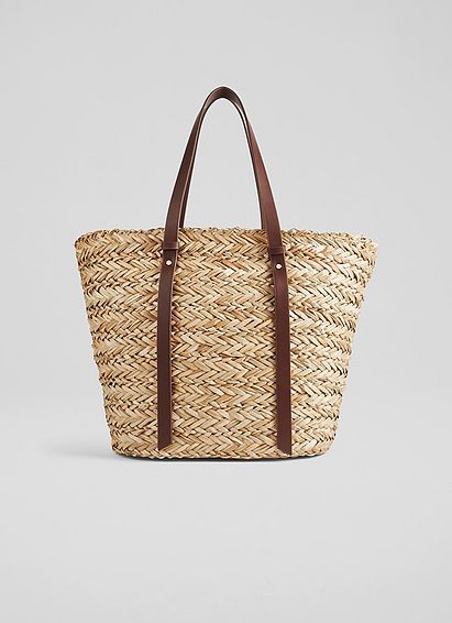 Viola Natural Straw Brown Handles Basket Bag, Brown