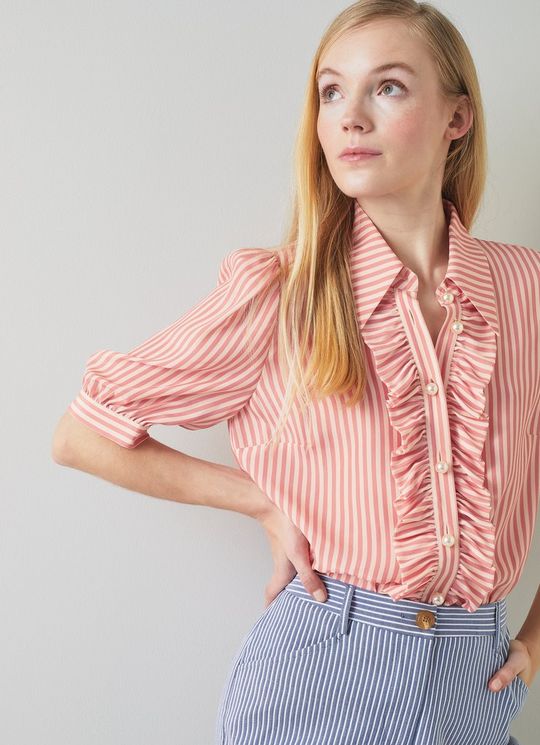 L.K.Bennett Ensor Pink And Cream Silk Striped Shirt, Rose Cream