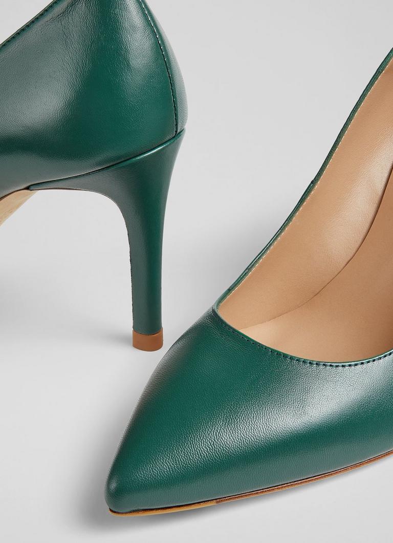 Classic Floret Dark Green Leather Heel Courts Work Shoes Shoes