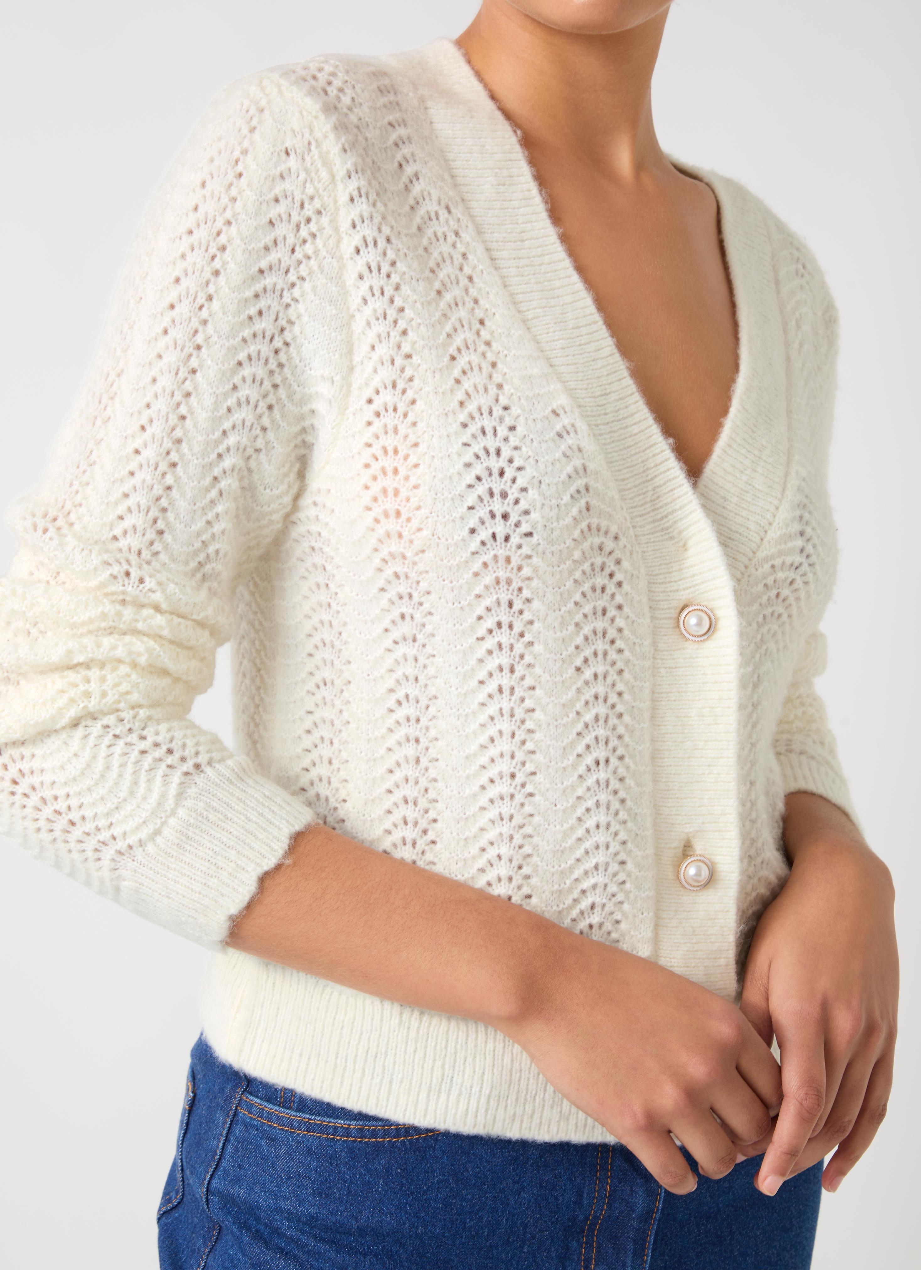 Elodie Cream Ivory Wool Blend Stitch Detail V Neck Fluffy
