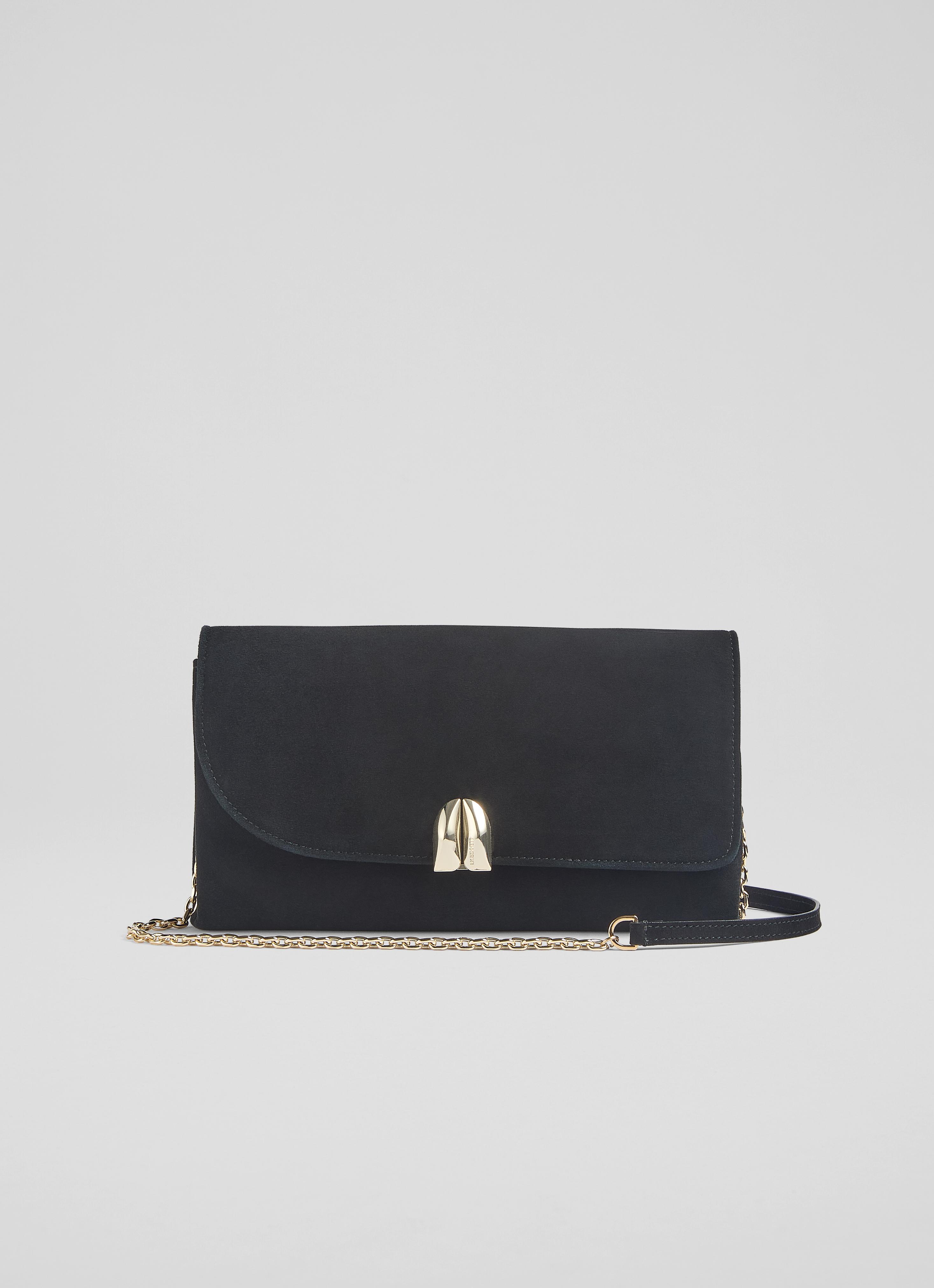 Aria Black Suede Curve Flap Wide Clutch Bag