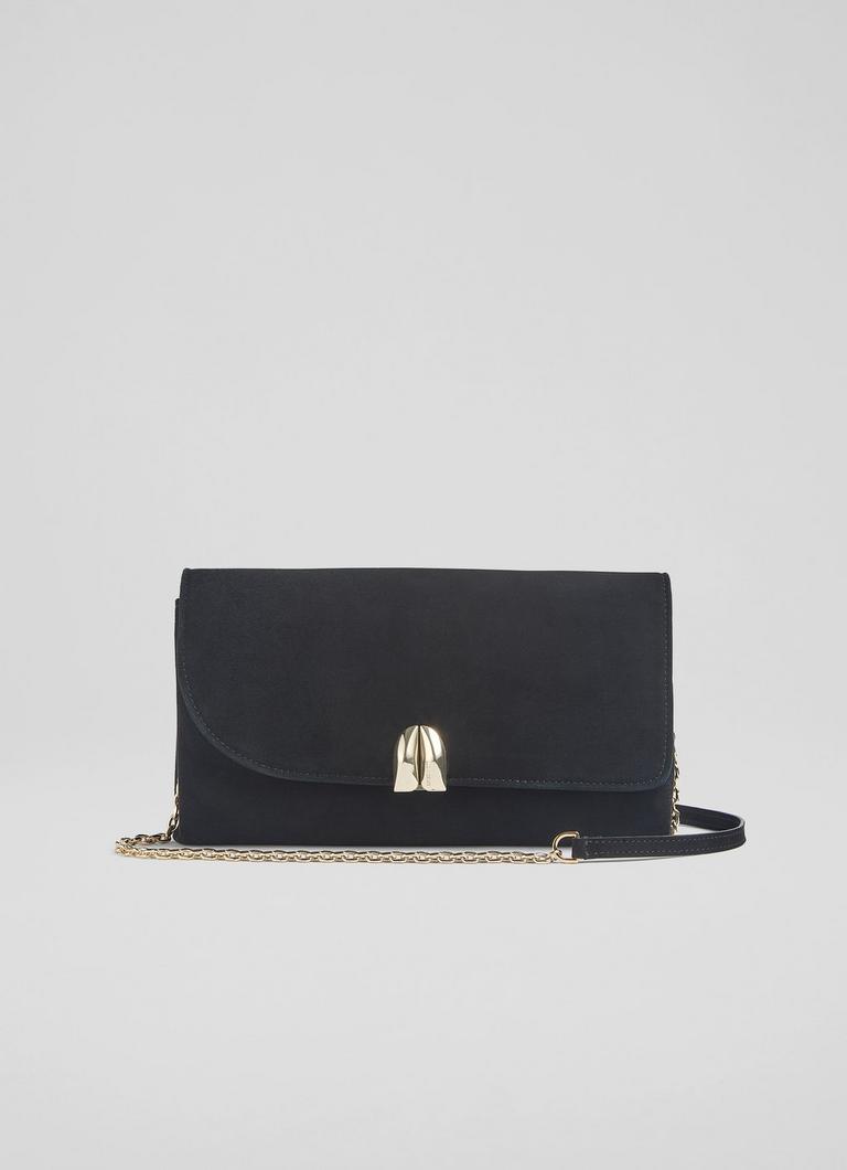 Aria Black Suede Curve Flap Wide Clutch Bag
