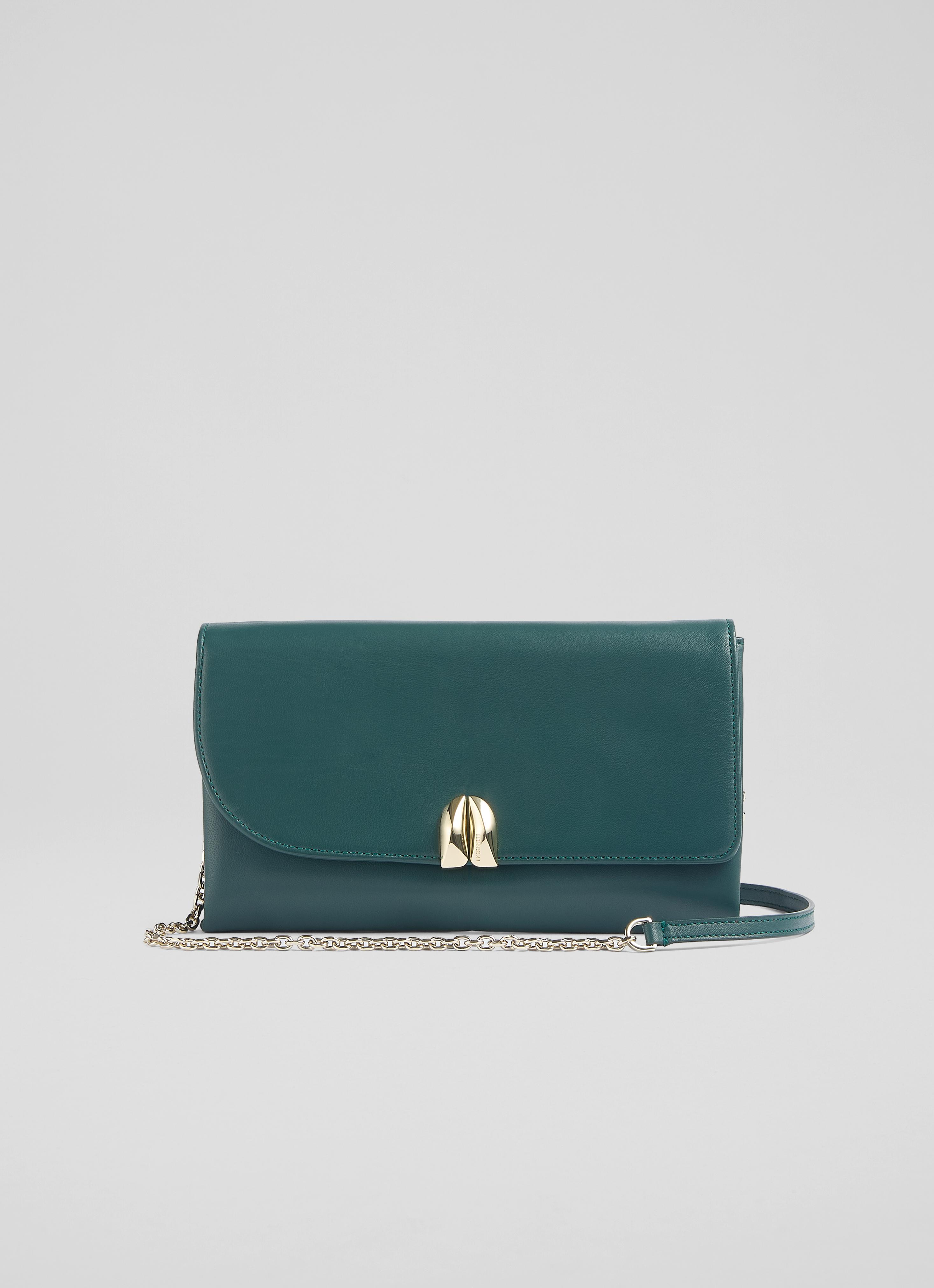 Aria Green Nappa Leather Curve Flap Wide Clutch Bag
