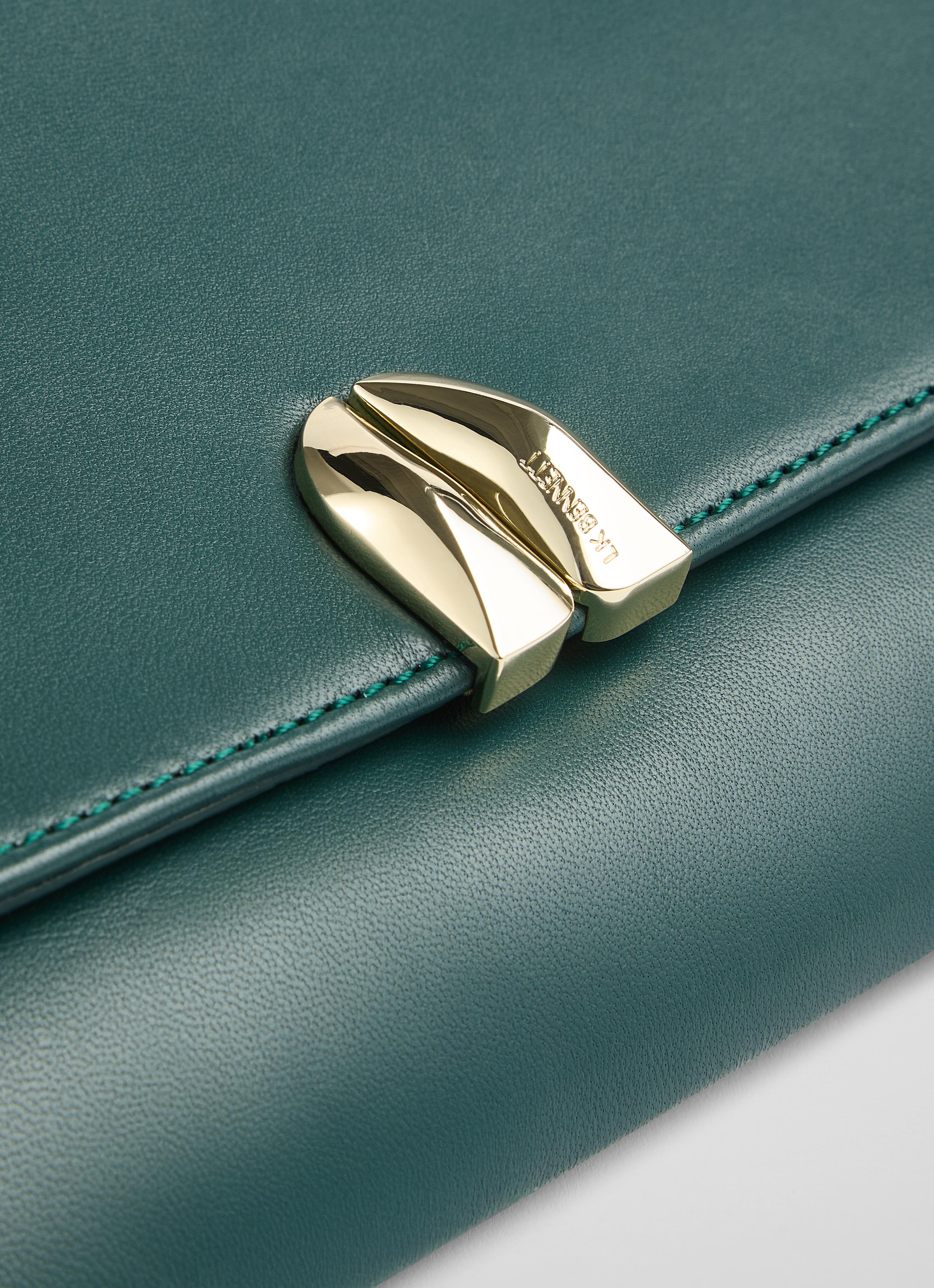 Aria Green Nappa Leather Curve Flap Wide Clutch Bag
