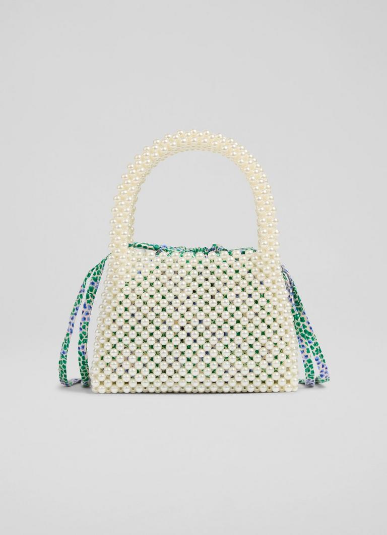LKBennett パールホワイトアクリルパールビーズミニトートバッグ Pearl White Acrylic Pearl Bead Handle Mini Tote Bag