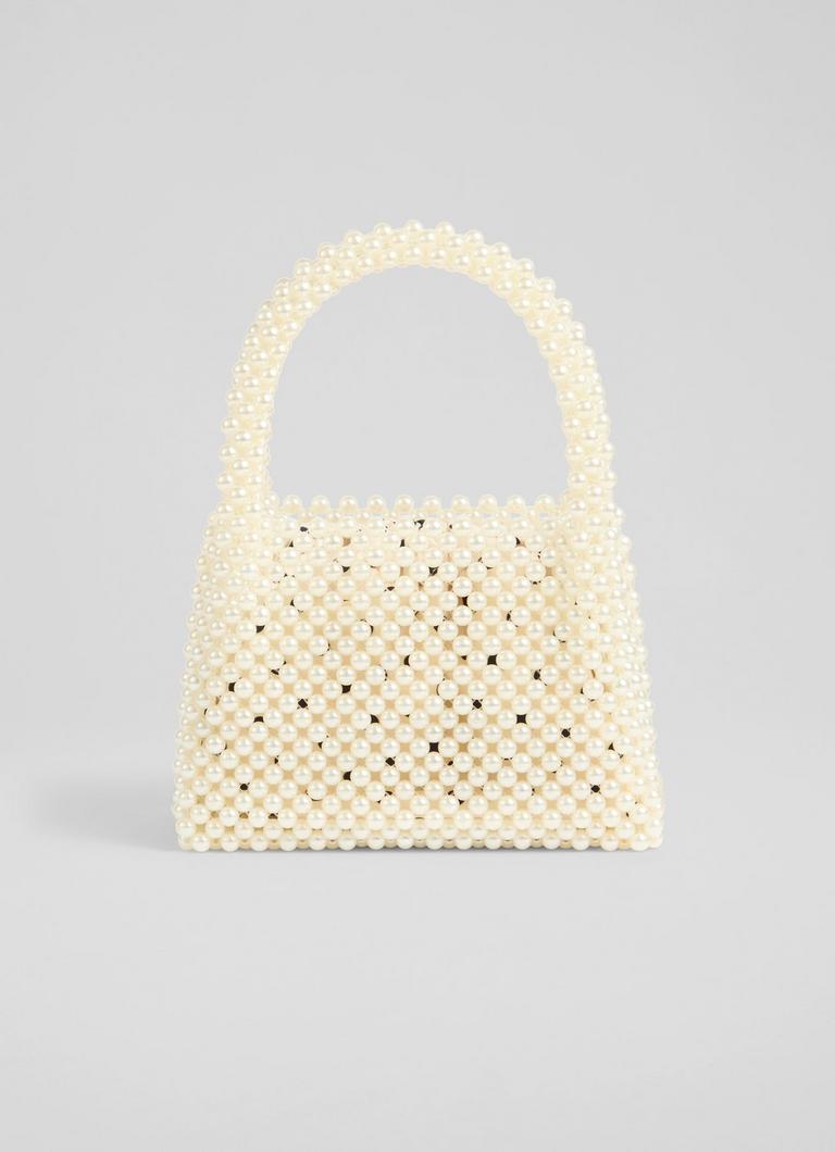 LKBennett パールホワイトアクリルパールビーズミニトートバッグ Pearl White Acrylic Pearl Bead Handle Mini Tote Bag