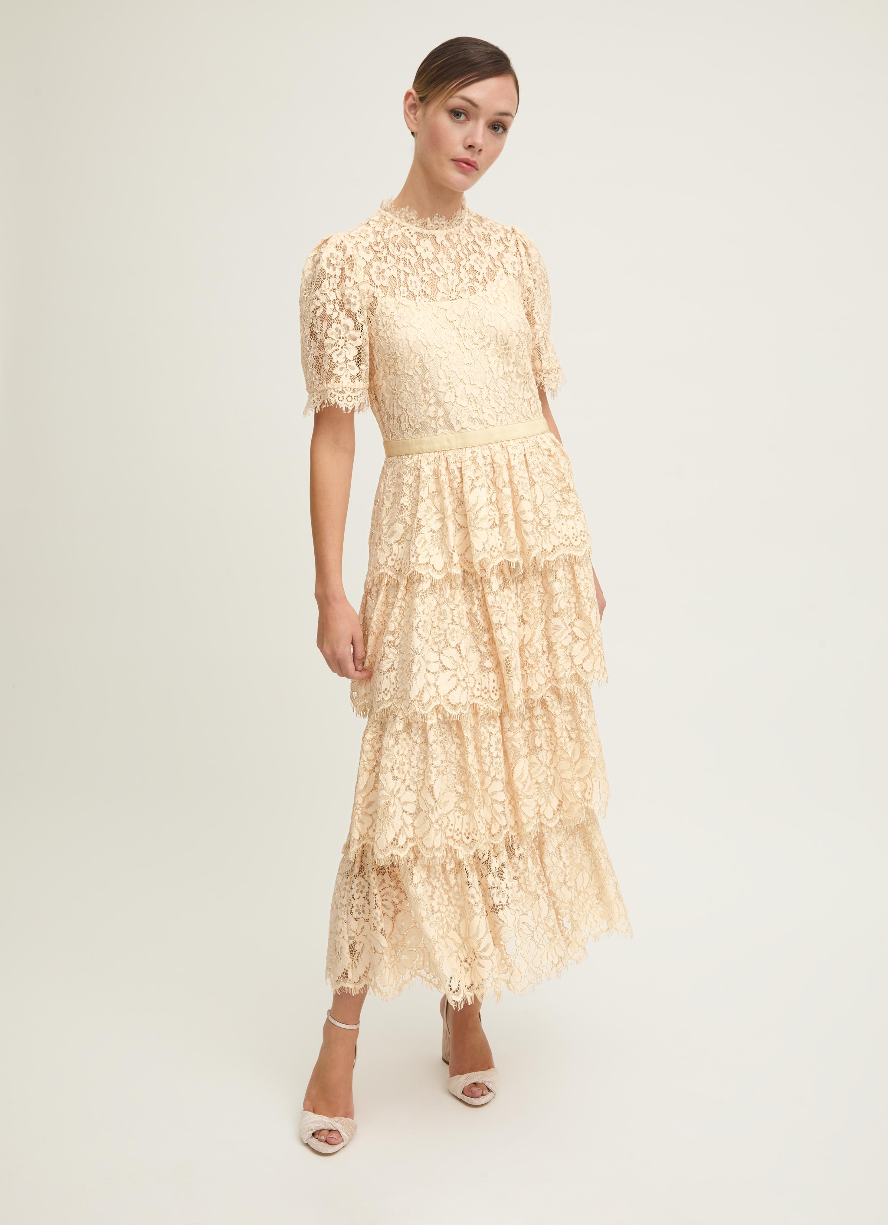 Cecily Champagne & Gold Lace Tiered Maxi Dress | Clothing | Collections |  L.K.Bennett, London