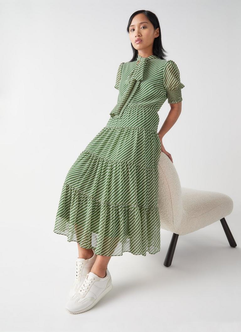 Coco Petite Green Birch Tie Neck Georgette Dress Clothing