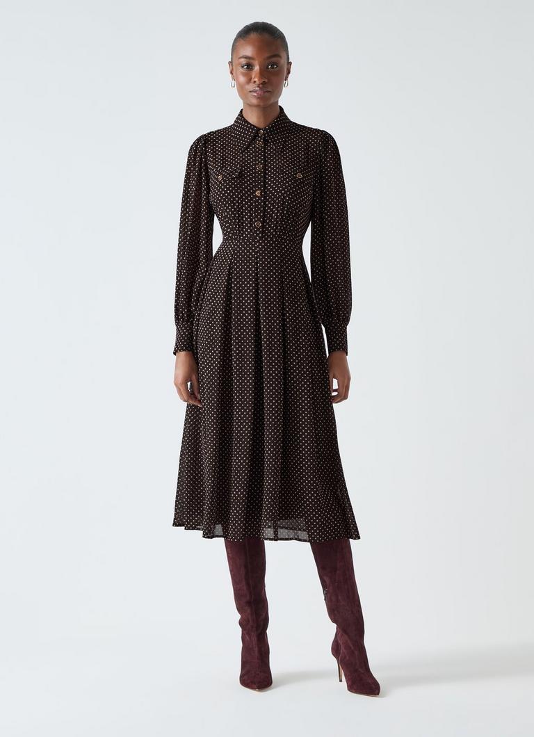 LKBennett コーディ ポルカドット プリント シャツ ドレス Cody Brown Polka Dot Print Pocket Shirt Dress | Dresses