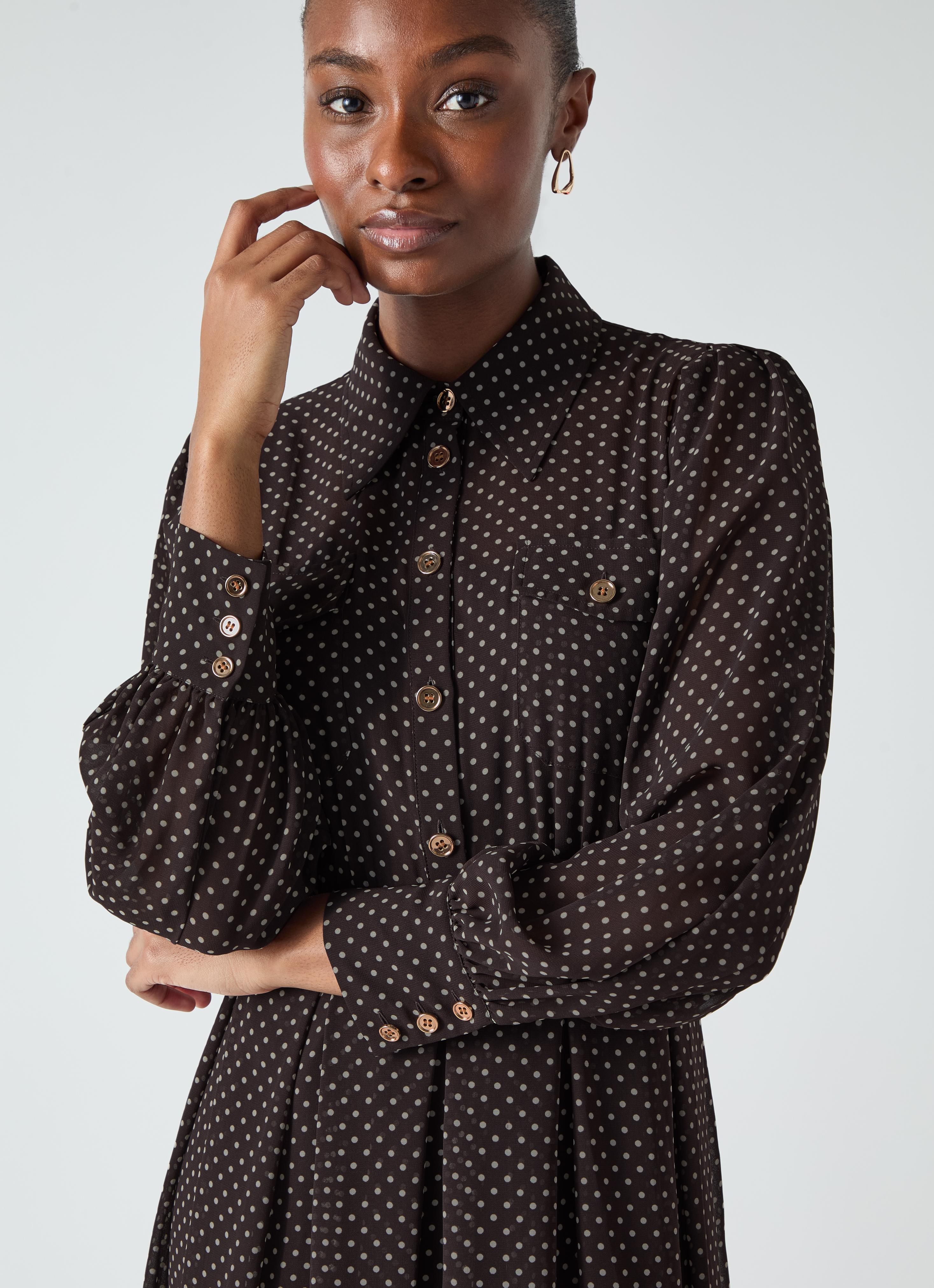 Cody Brown Polka Dot Print Pocket Shirt Dress Clothing