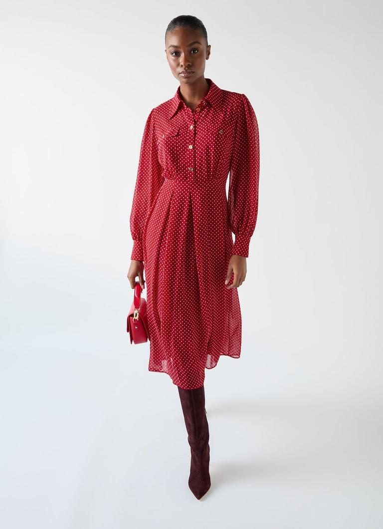 LKBennett コーディ ポルカドット プリント シャツ ドレス Cody Red Polka Dot Print Pocket Shirt Dress | Dresses