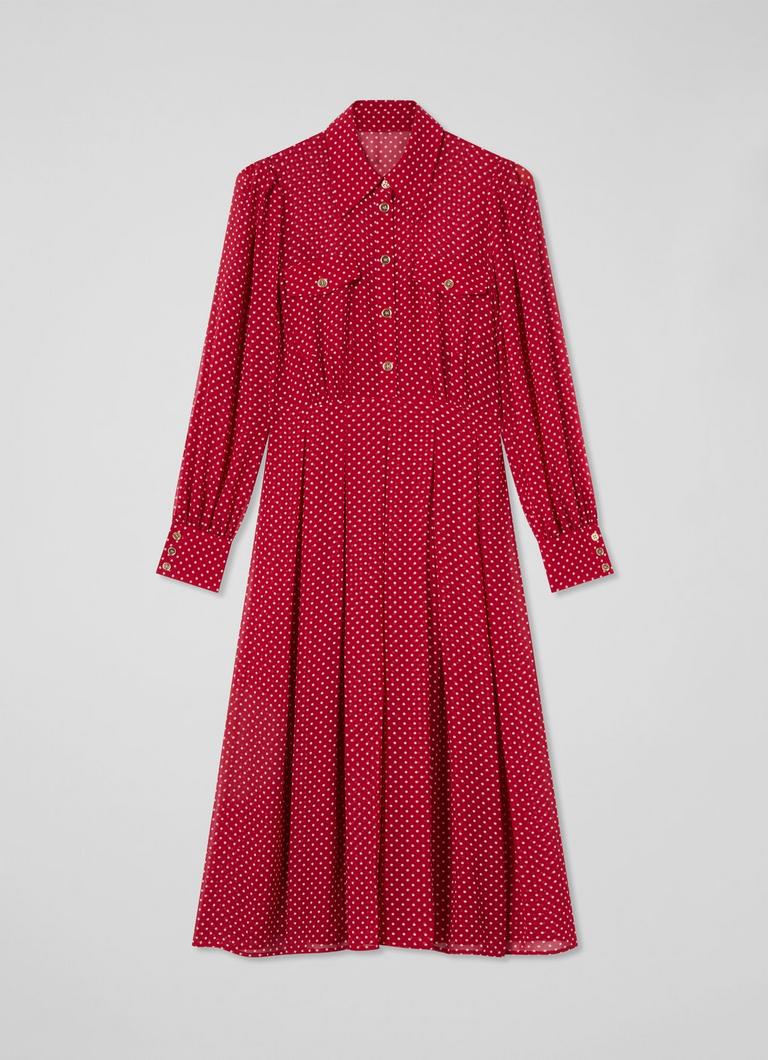 LKBennett コーディ ポルカドット プリント シャツ ドレス Cody Red Polka Dot Print Pocket Shirt Dress | Dresses