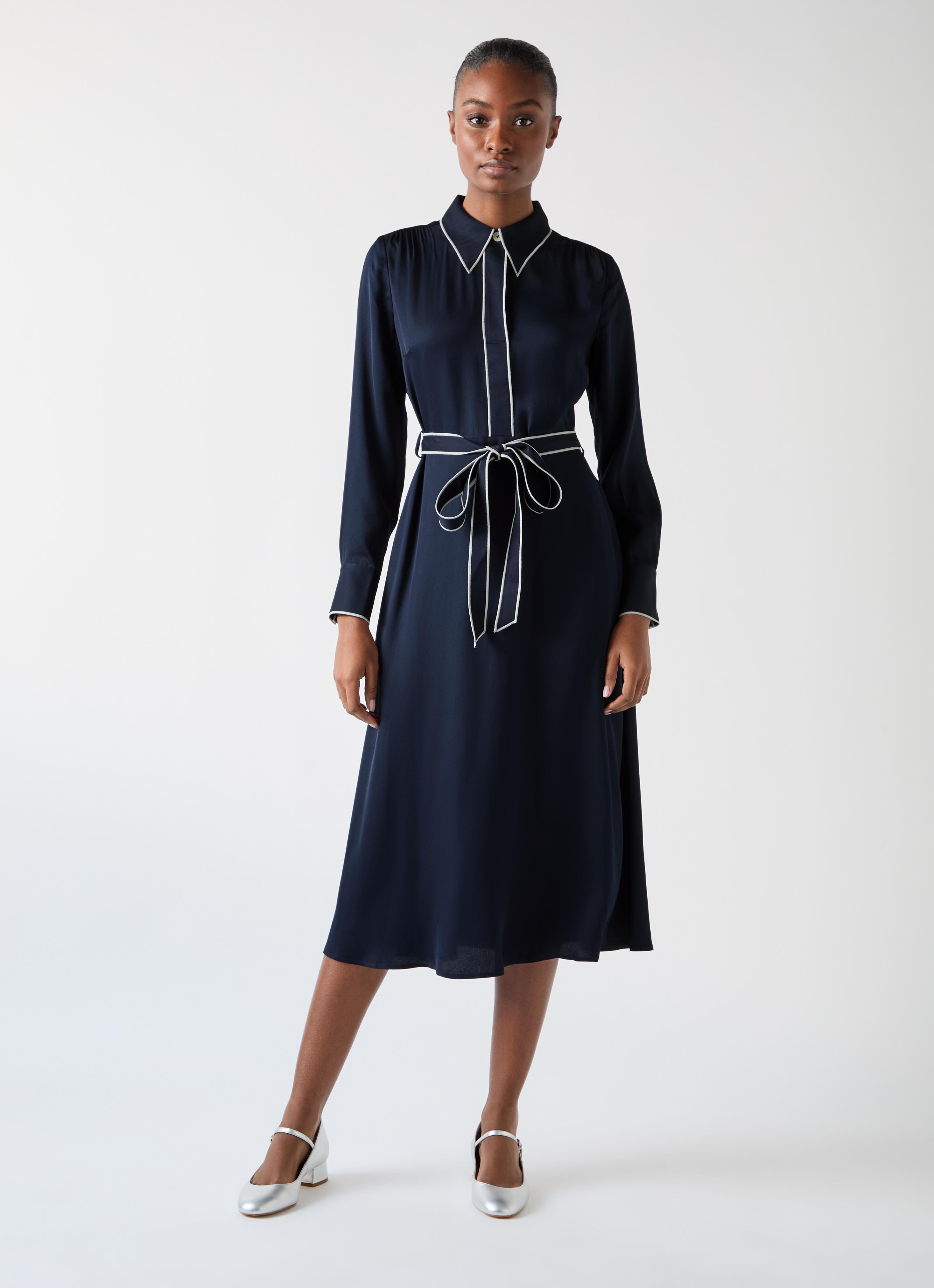 Elise Treetop Navy Viscose Edge Stitch Detail Shirt Dress Midi