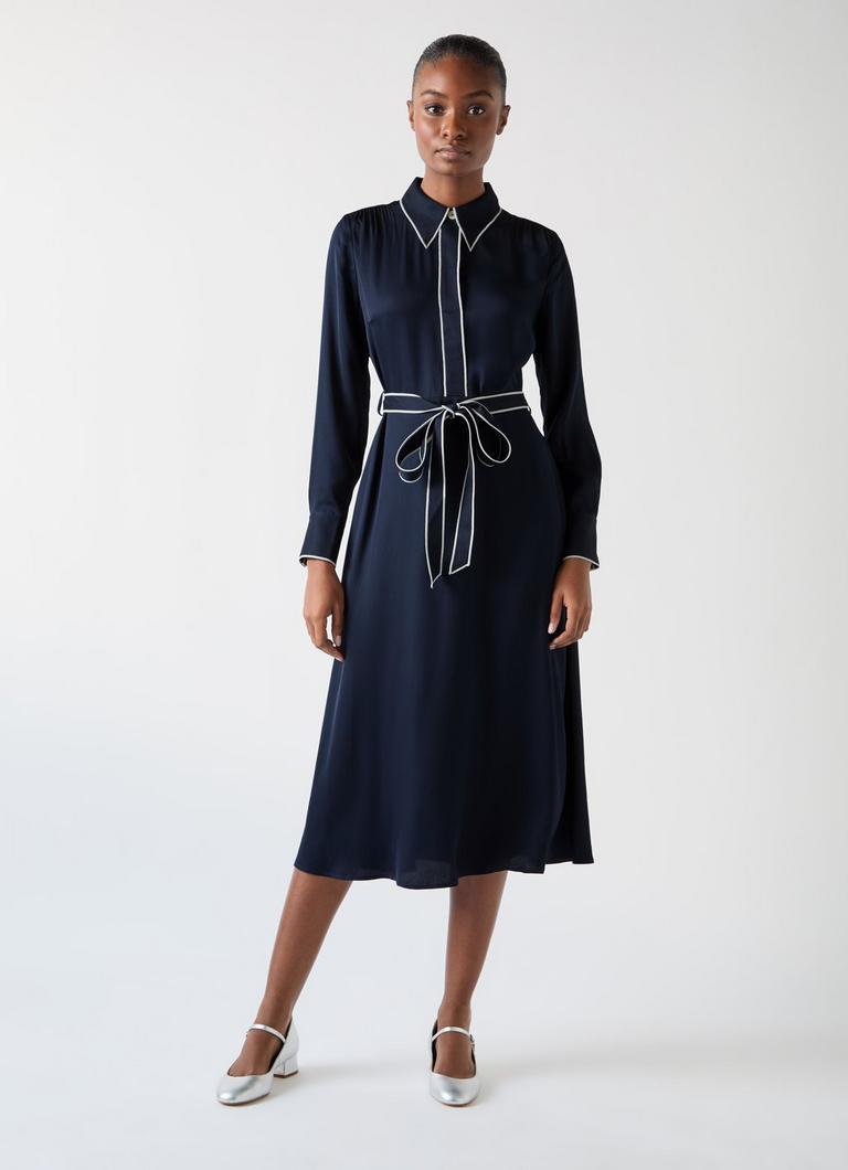 Elise Treetop Navy Viscose Edge Stitch Detail Shirt Dress