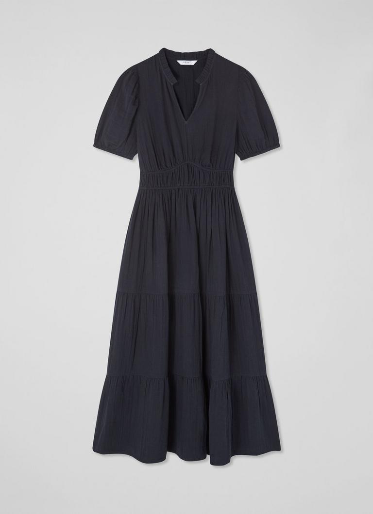 LKBennett フェリシティギャザーディテール コットンドレス Felicity Spring Navy Gather Detail Cotton Dress | Clothing