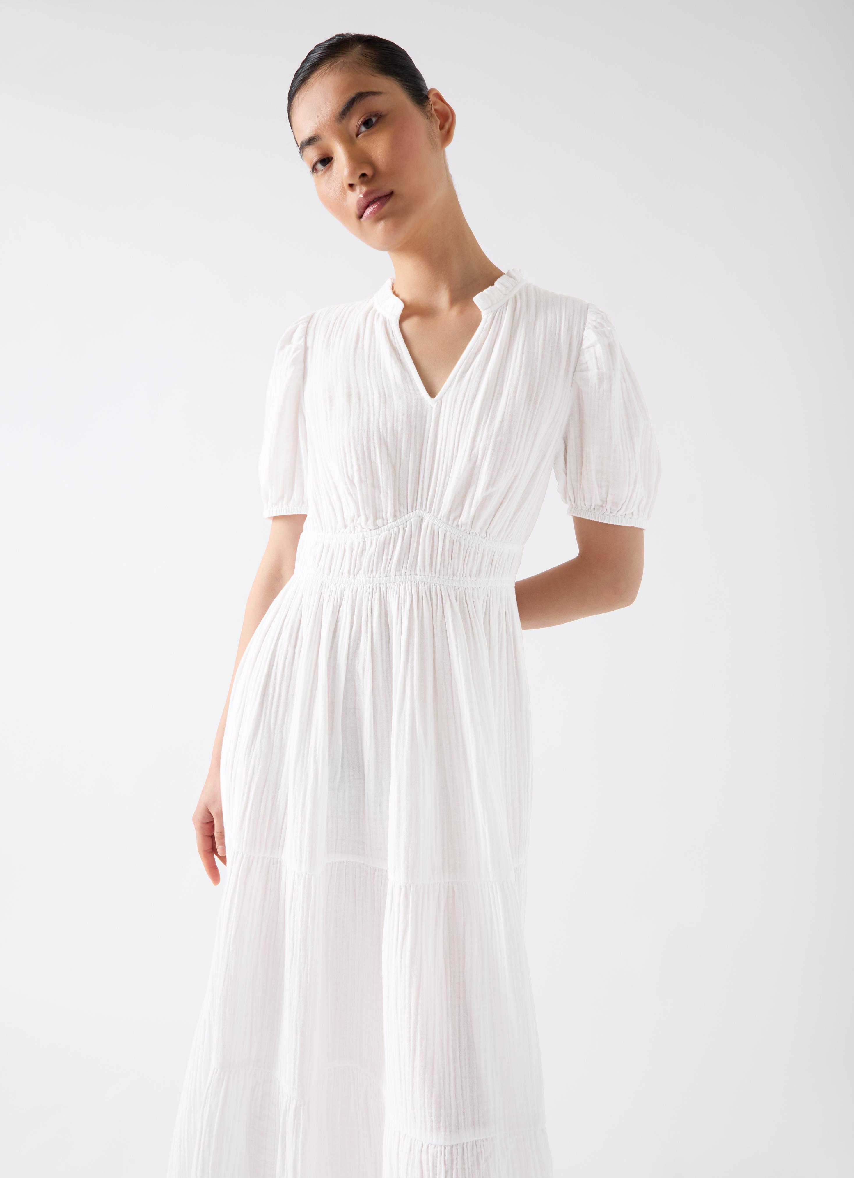 Felicity White Cotton Gather Detail Cotton Dress | Midi Dresses 