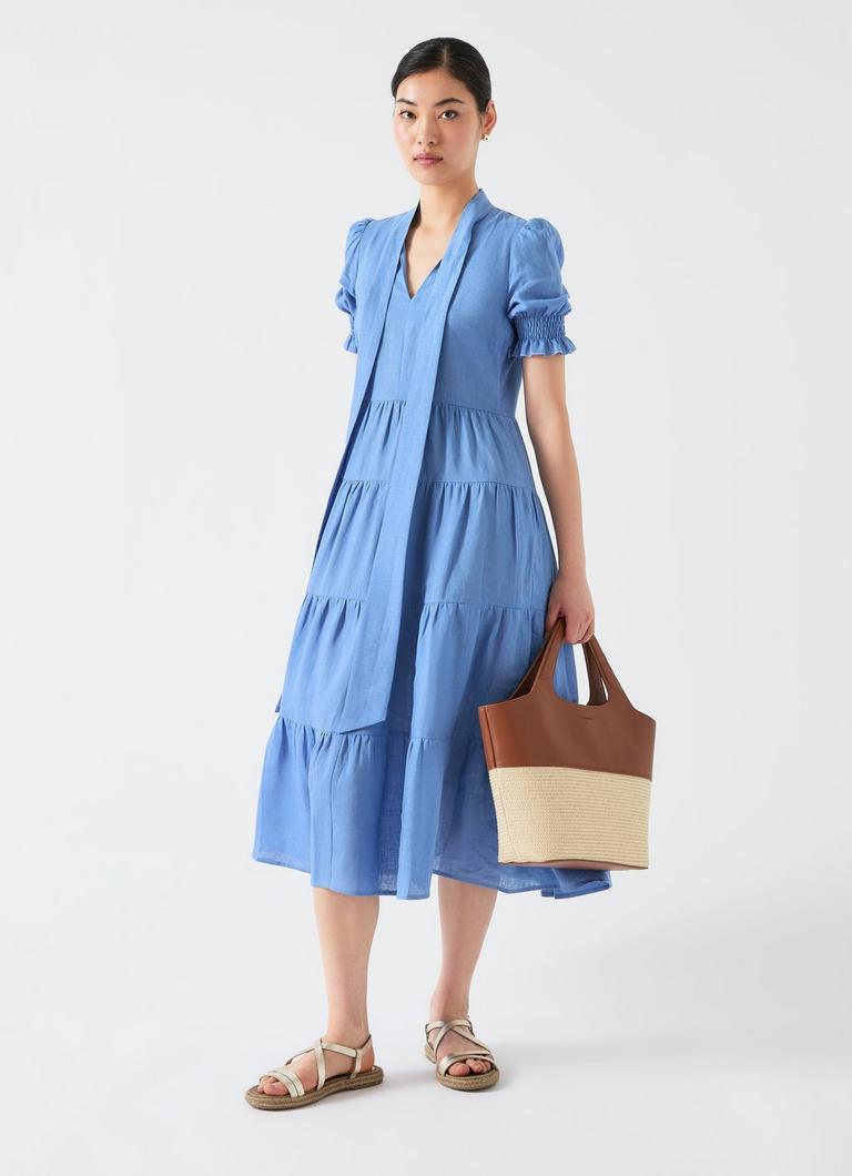 Flo Soft Blue Linen Tie Neck Tiered Dress