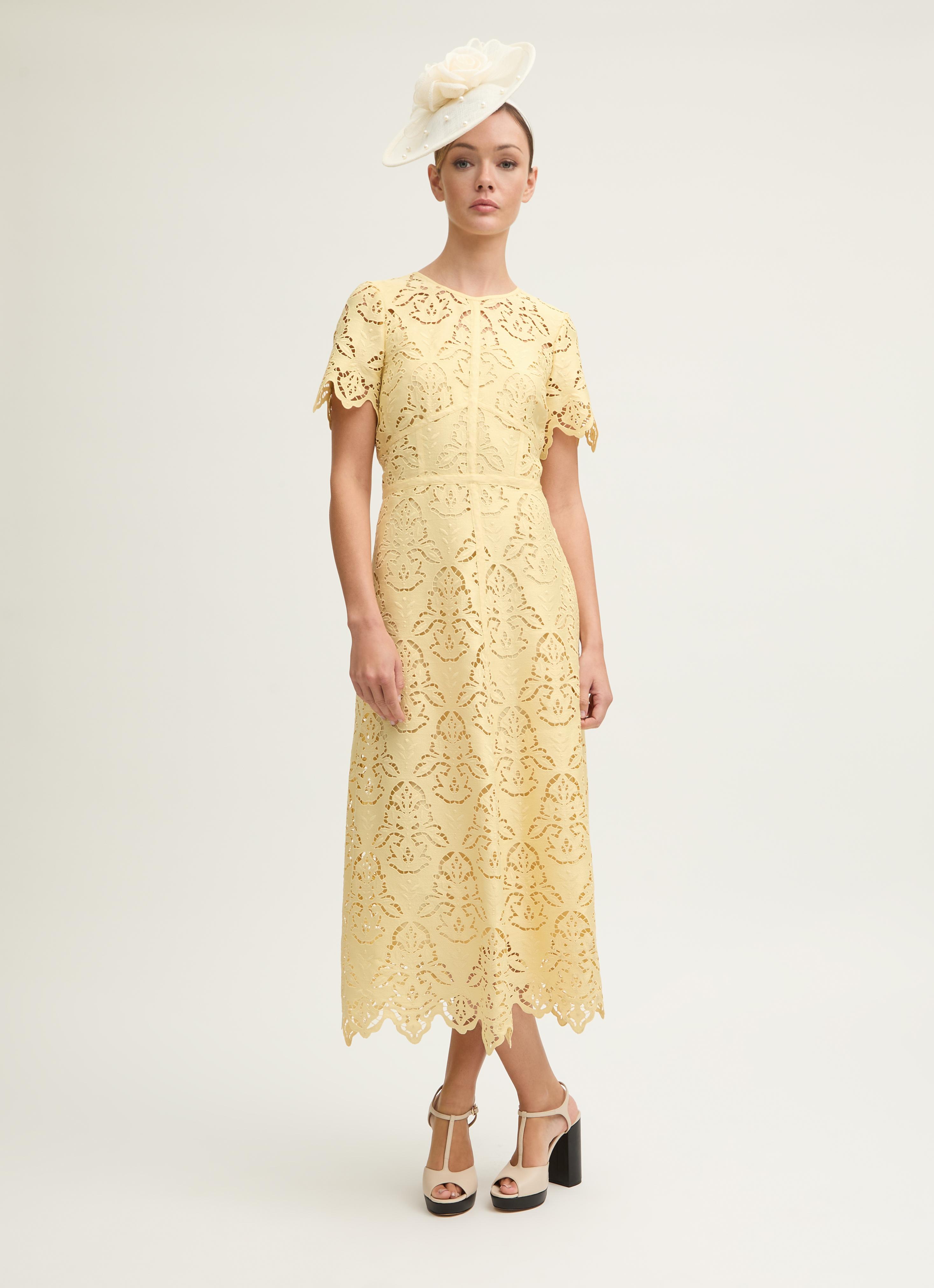 Georgia Italian Straw Lace Yellow Midi Dress Wedding Guest