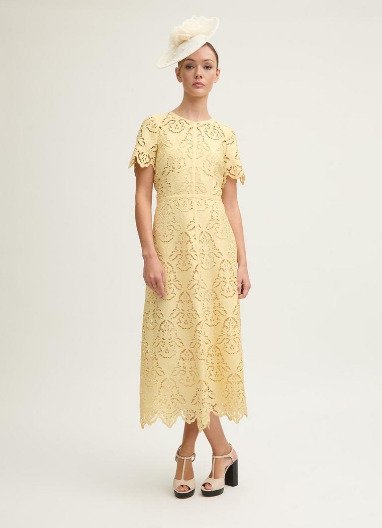 Georgia Italian Straw Lace Yellow Midi Dress Wedding Guest