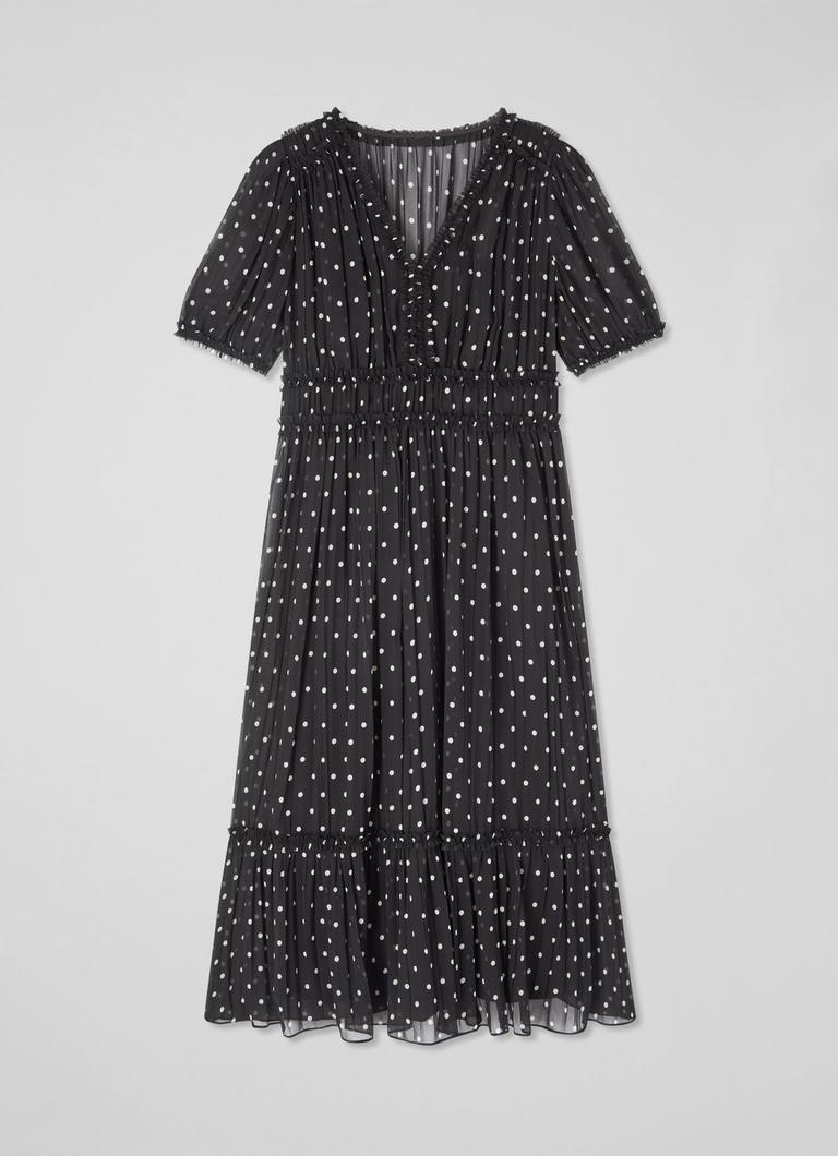 LKBennett Gigi ブラック & バーチ ポルカドット ミディ ドレス Gigi Black & Birch Plissè© Polkadot Midi Dress | Clothing