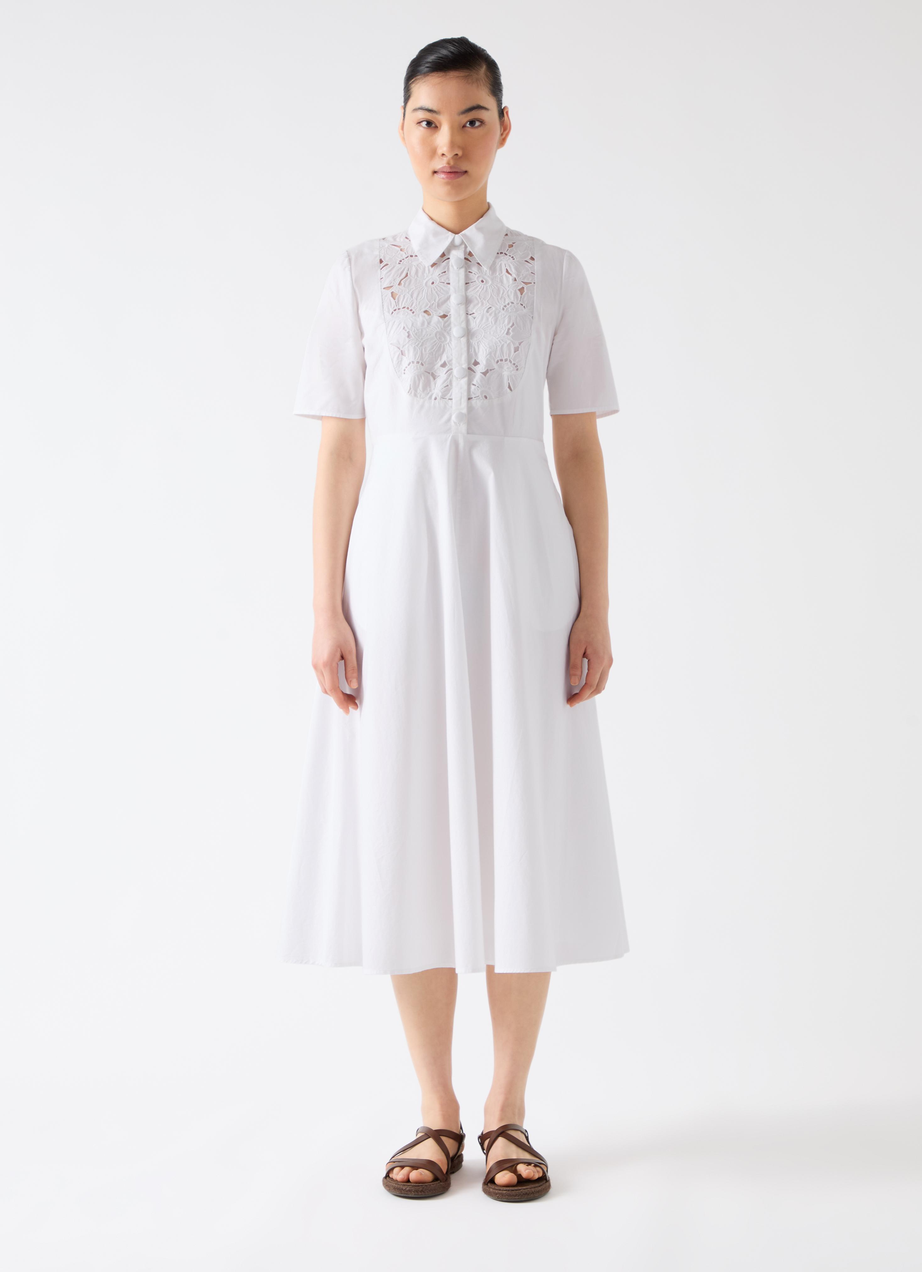 Grace White Cotton Embroidered Lace Panel Bib Dress Clothing
