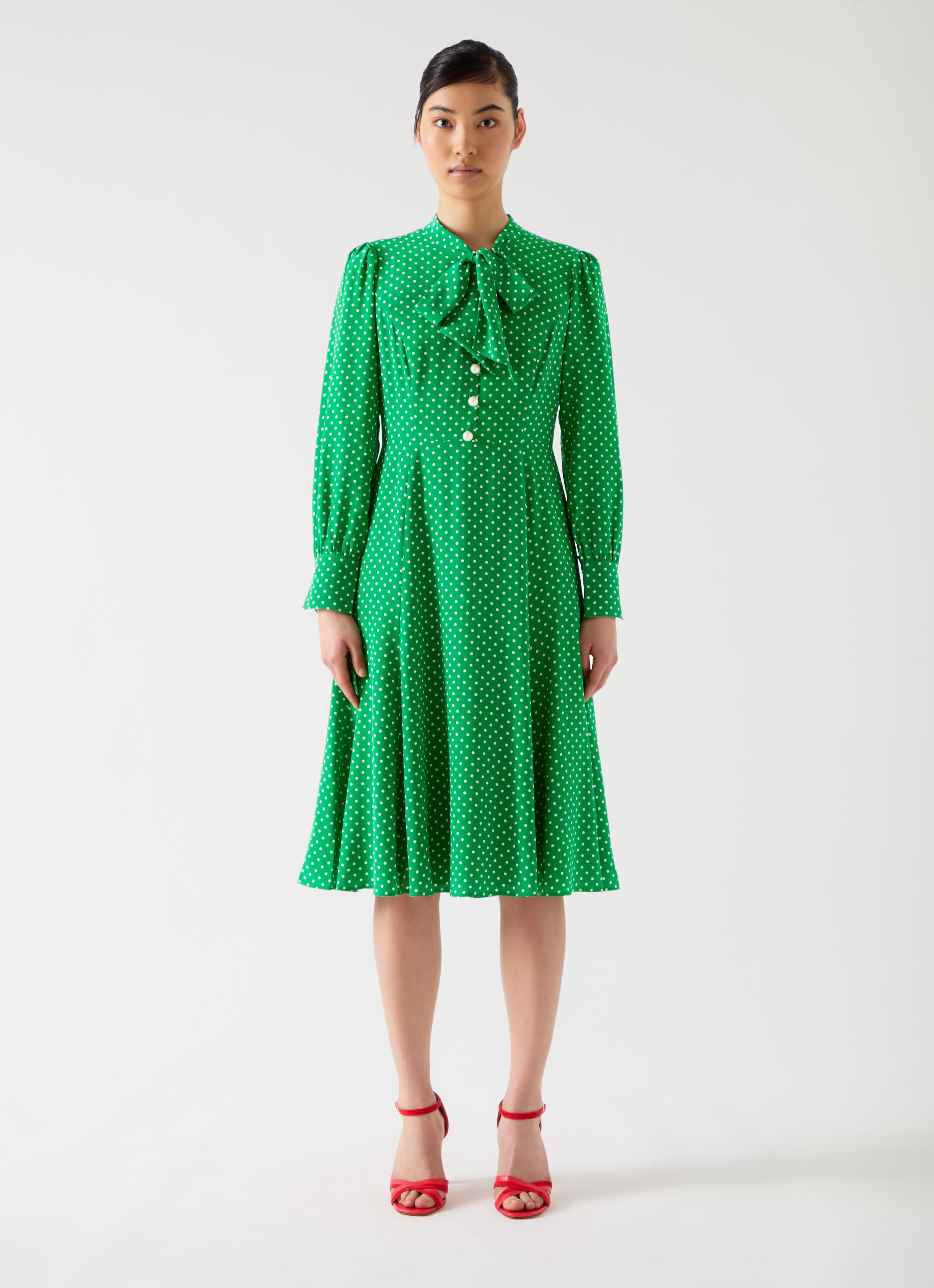 Mortimer Fern Green & Ivory Silk Silk Spot Tie Neck Dress