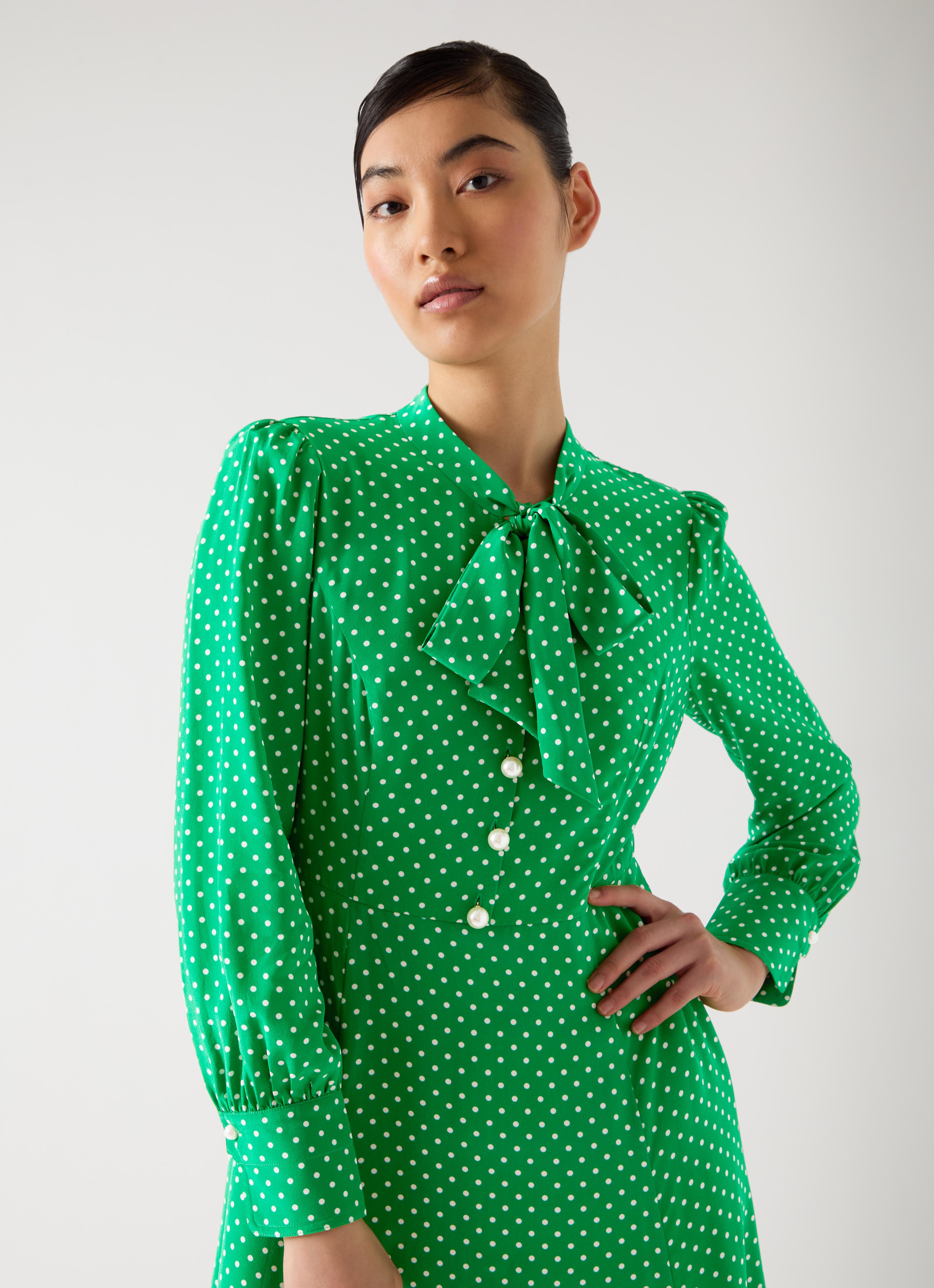 Mortimer Fern Green & Ivory Silk Silk Spot Tie Neck Dress | Midi Dresses |  Dresses | Clothing | Collections | L.K.Bennett, London