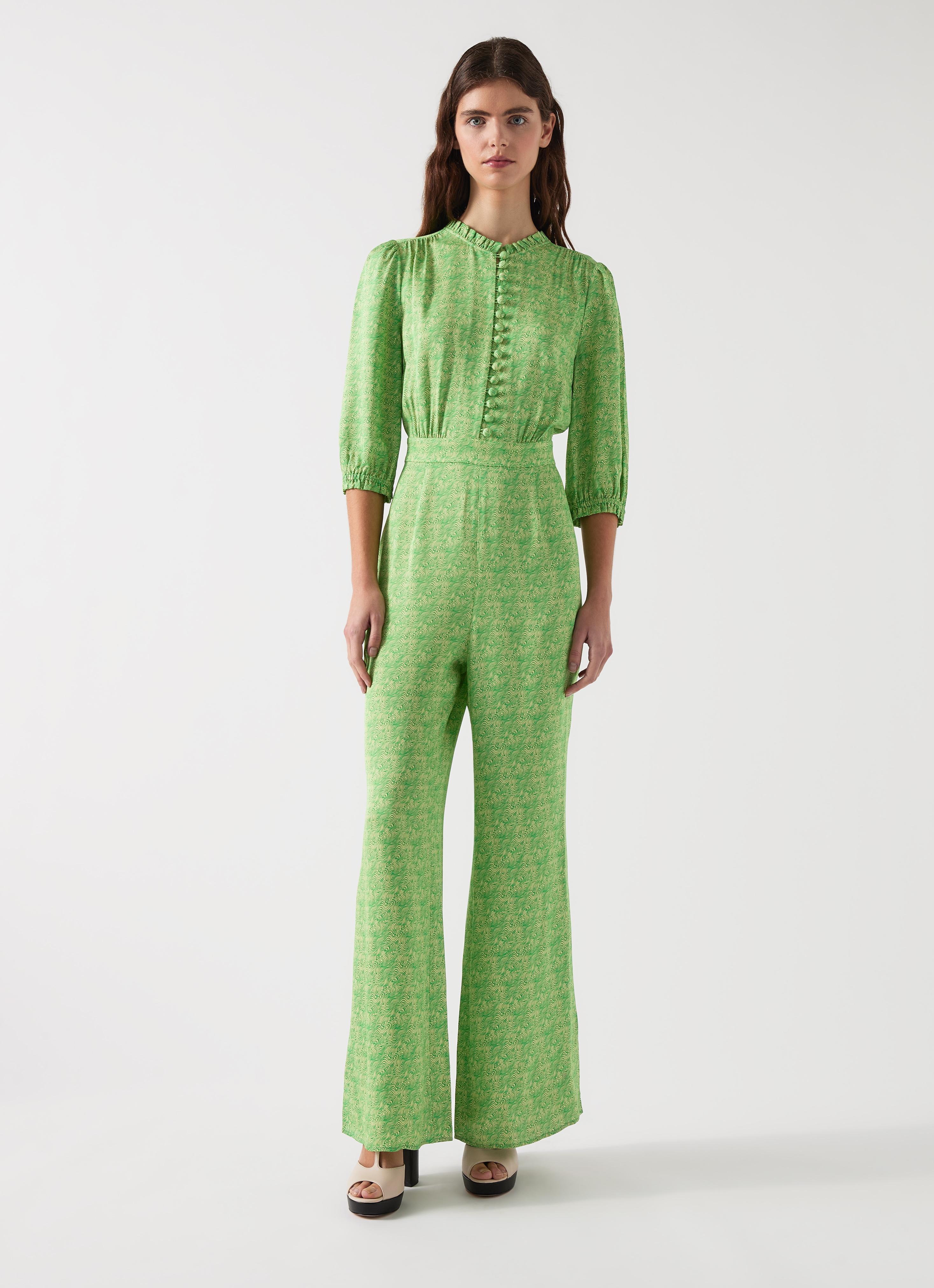 Naomi Green & Italian Straw Swirl Print Crepe Jumpsuit