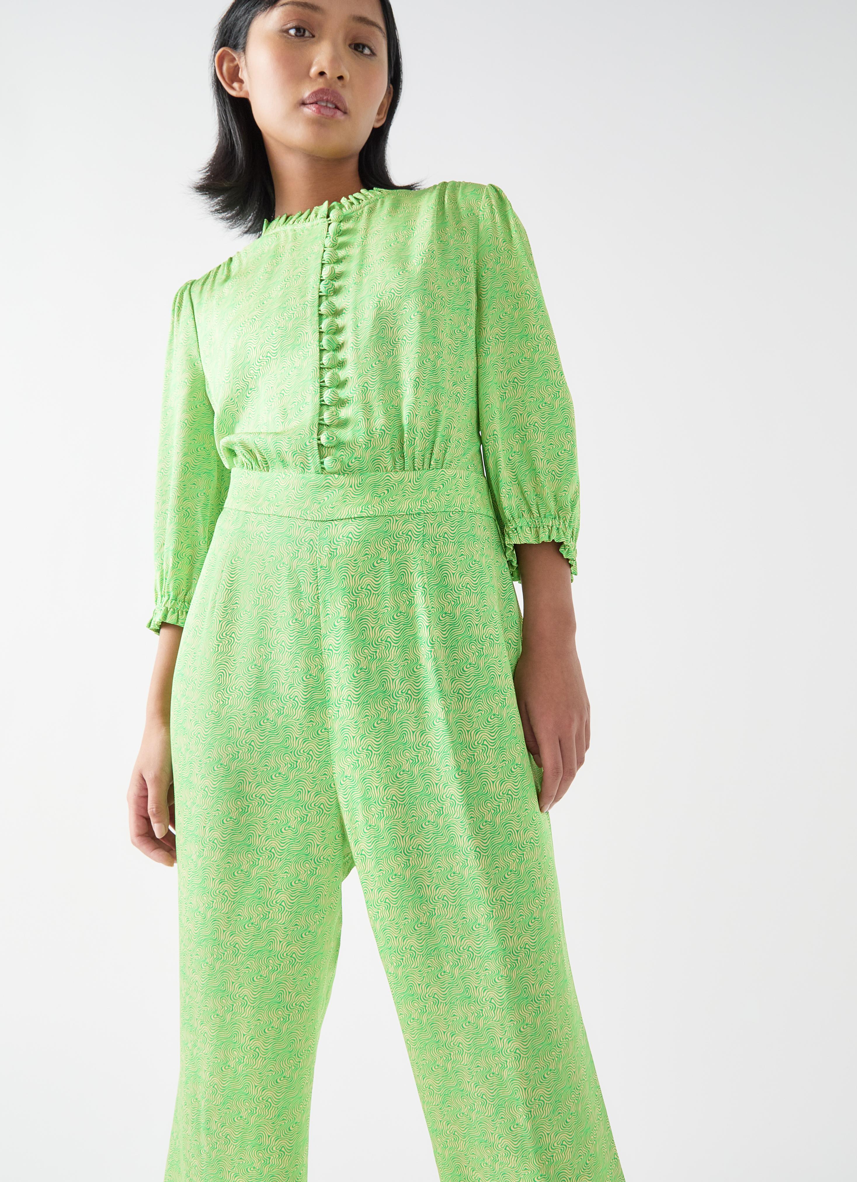Naomi Petite Green & Italian Straw Viscose Swirl Print Crepe Jumpsuit