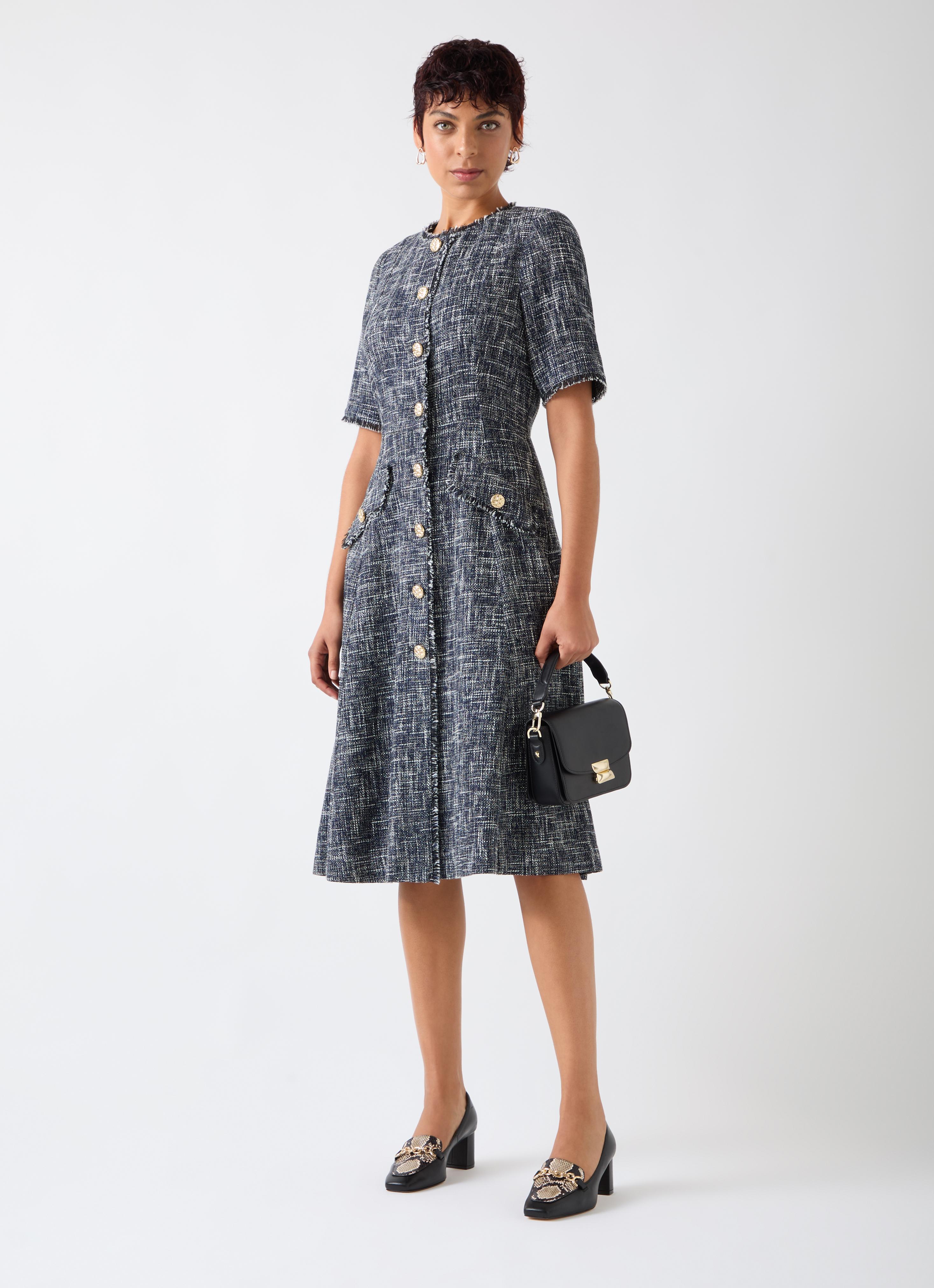 Suzie Indigo & Black & Cream Cotton Blend Tweed Button Through Dress 