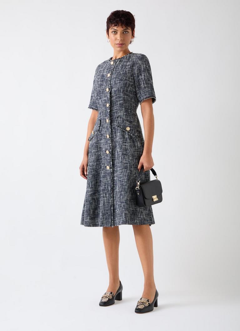 Suzie Indigo & Black & Cream Cotton Blend Tweed Button Through Dress