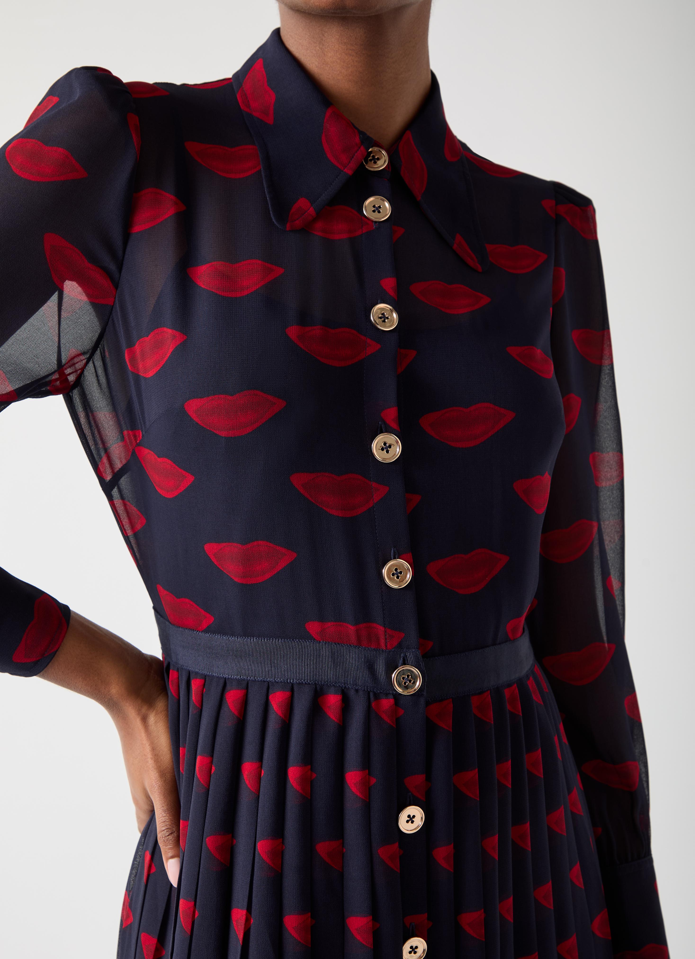 Tallis Blue & Navy Lips Print Pleated Dress | Midi Dresses | Dresses |  Clothing | Collections | L.K.Bennett, London
