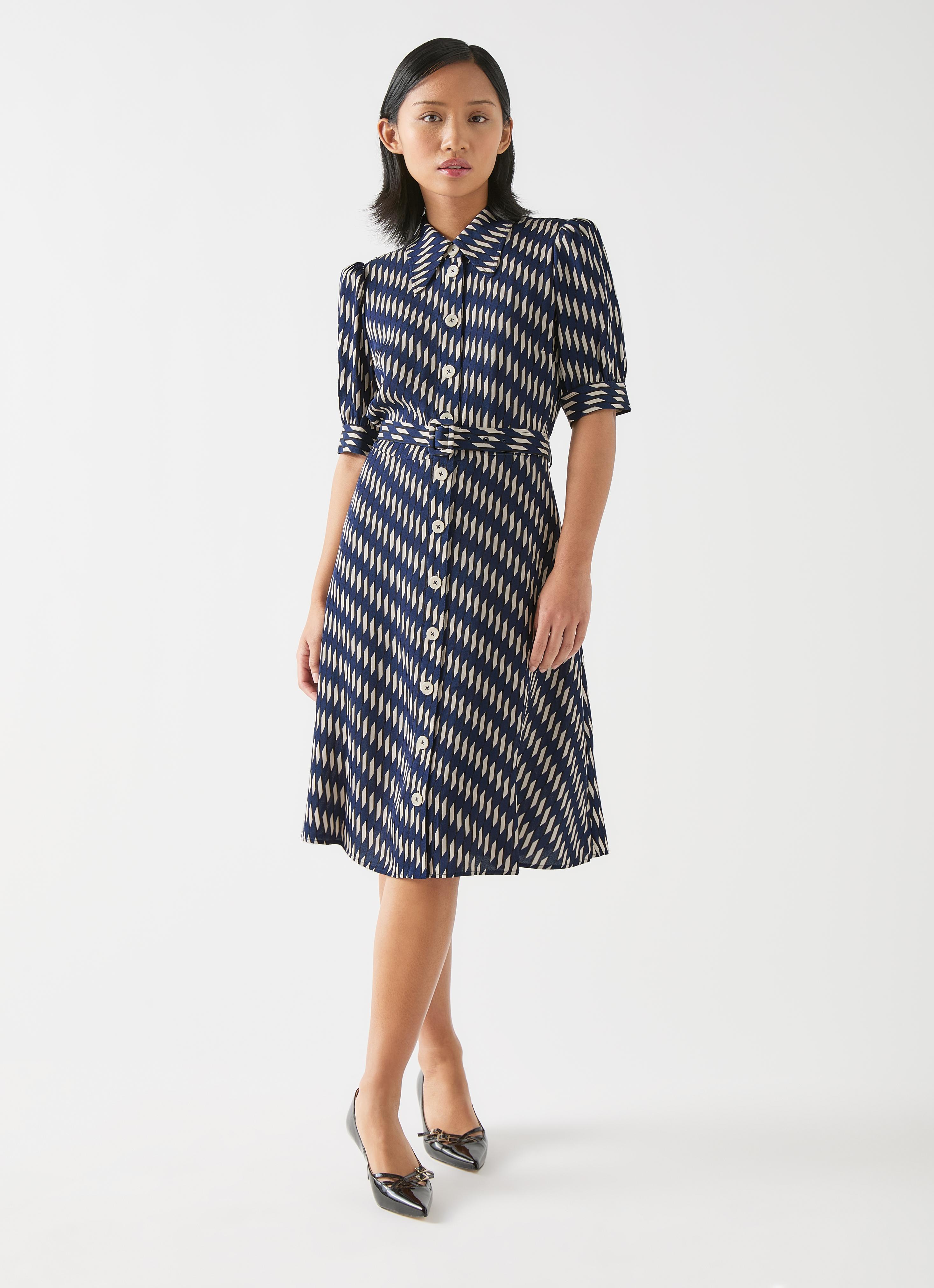 Valerie Petite Spring Navy Birch Printed Viscose Shirt Dress