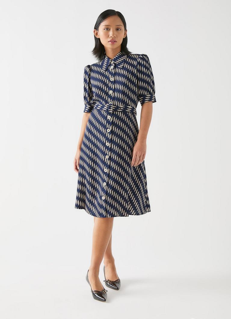 Valerie Petite Spring Navy Birch Printed Viscose Shirt Dress