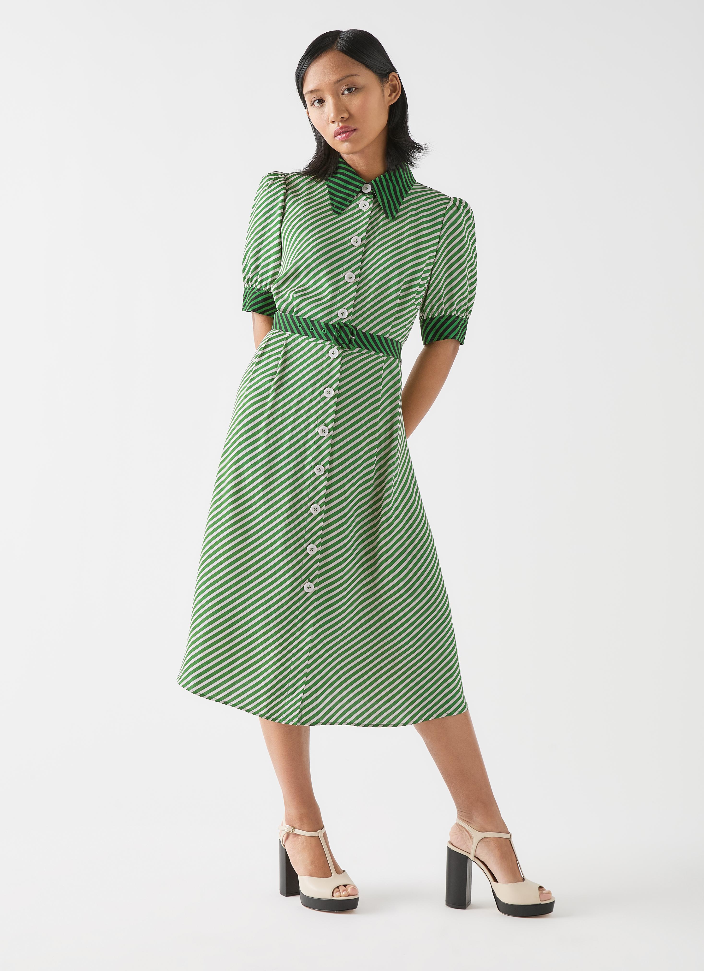 slim fit dress slacks Green Abstract Print Shirt Dress with Belt – La Creme Boutique main image 1