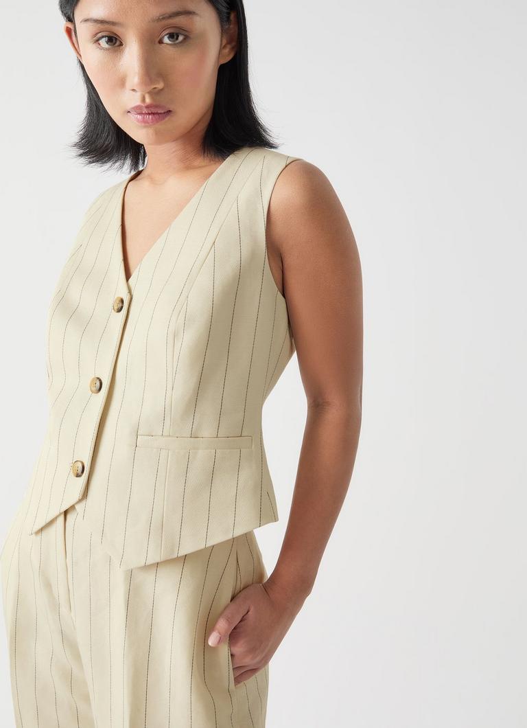 Ami Petite Cream & Black Linen Blend Pinstripe Waistcoat