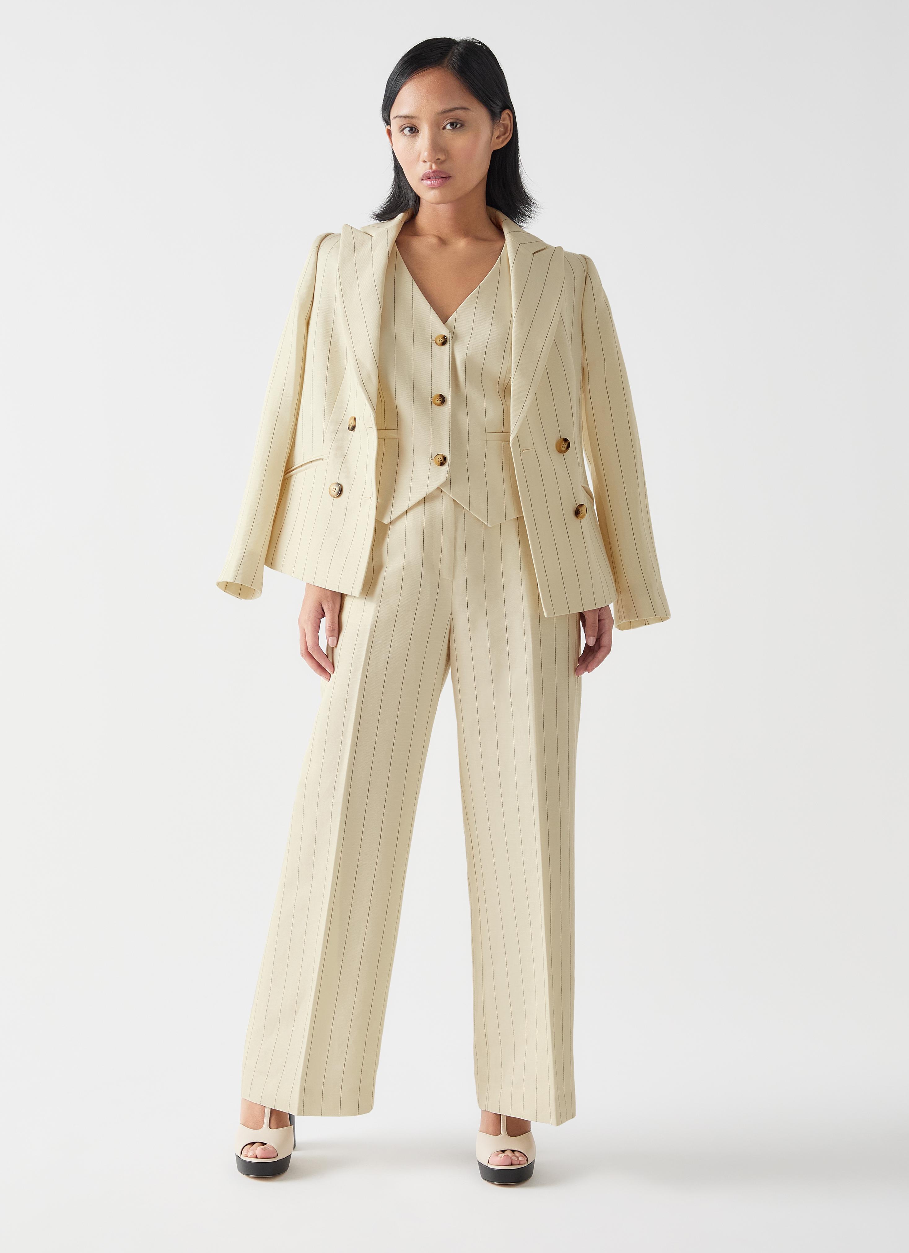 Amore Petite Cream & Black Linen Blend Pinstripe Tailored Jacket
