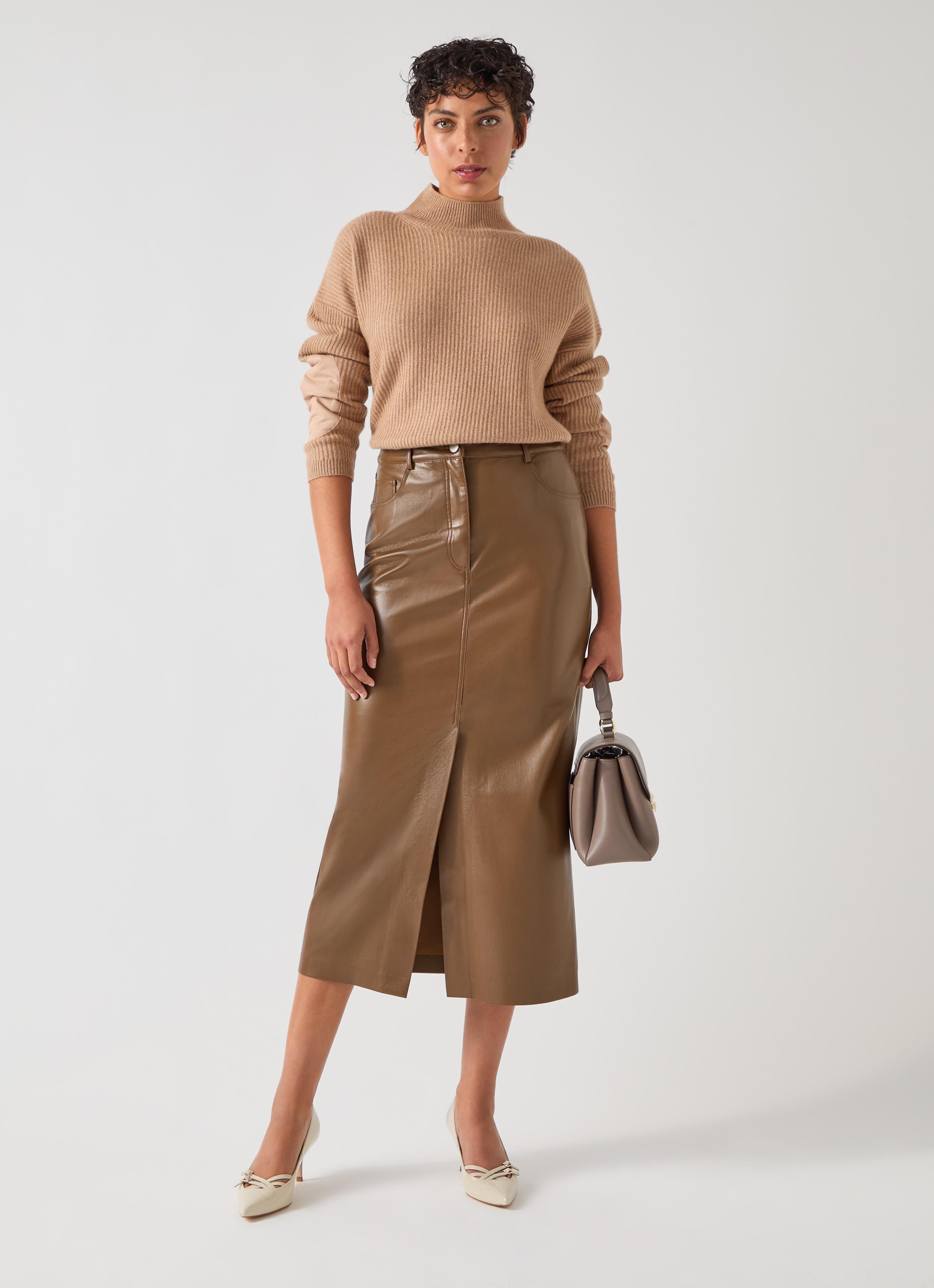 Hardy Brown Polyester Faux Leather Midi Pencil Skirt Date Night